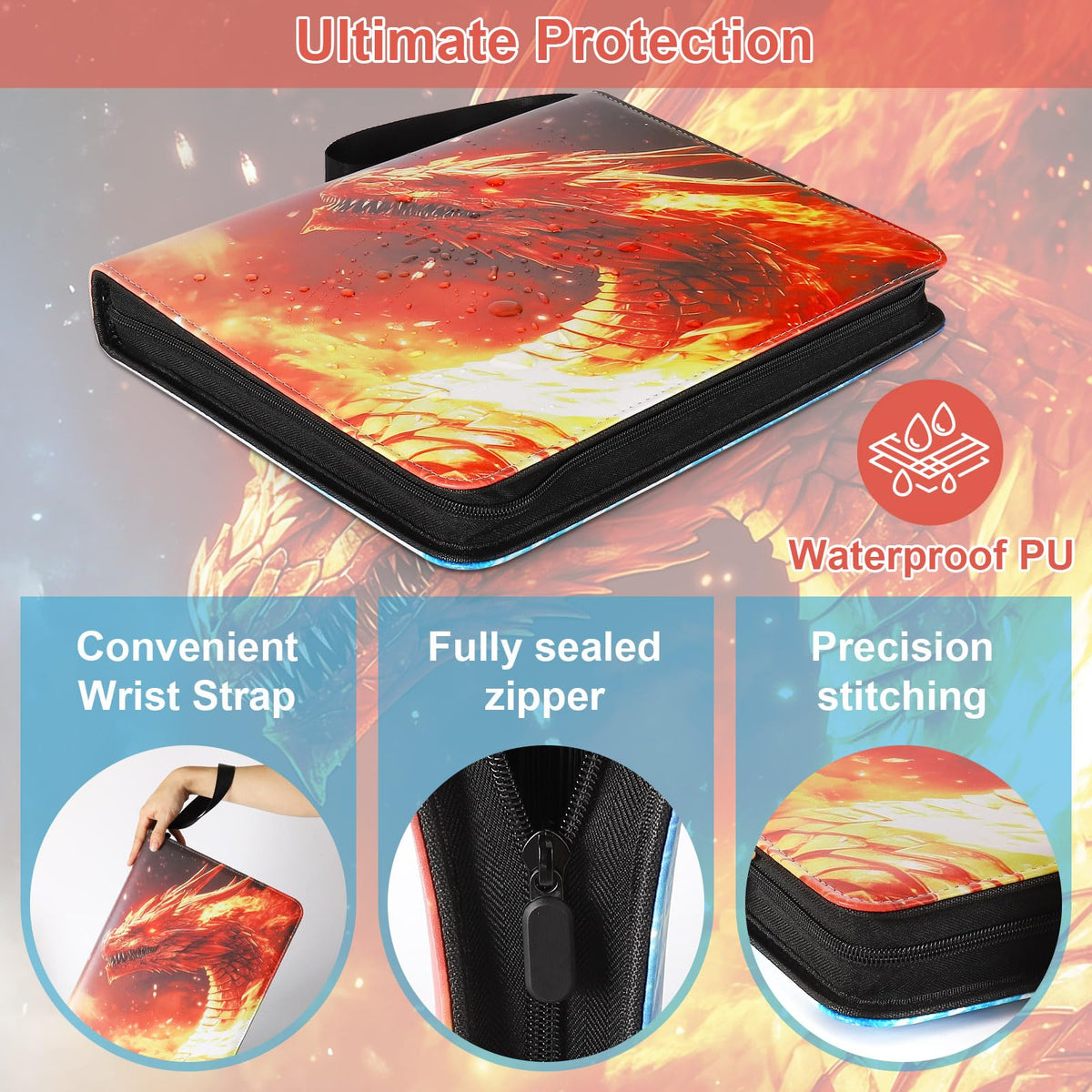 Gbchais Fire & Ice Dragon 9-Pocket Trading Card Binder – 900 Card Capacity, Waterproof PU Leather