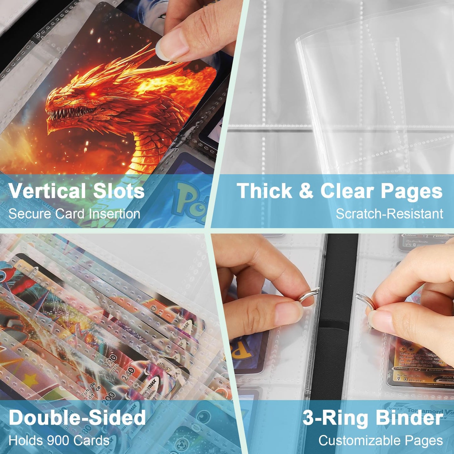 Gbchais Fire & Ice Dragon 9-Pocket Trading Card Binder – 900 Card Capacity, Waterproof PU Leather
