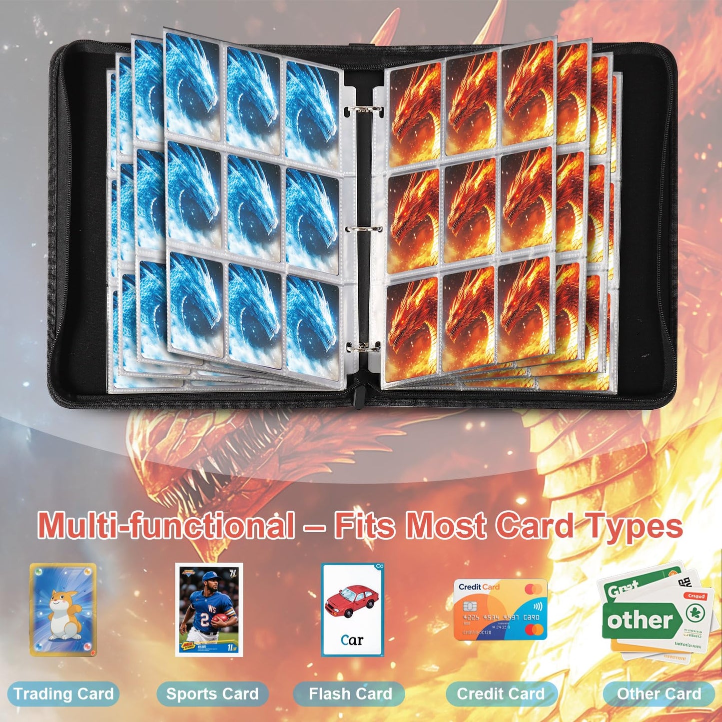Gbchais Fire & Ice Dragon 9-Pocket Trading Card Binder – 900 Card Capacity, Waterproof PU Leather