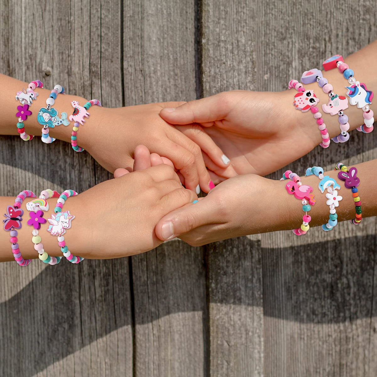 GC 12 Pcs Kids Bracelets Set - Unicorn, Mermaid & Colorful Wooden Beaded Jewelry