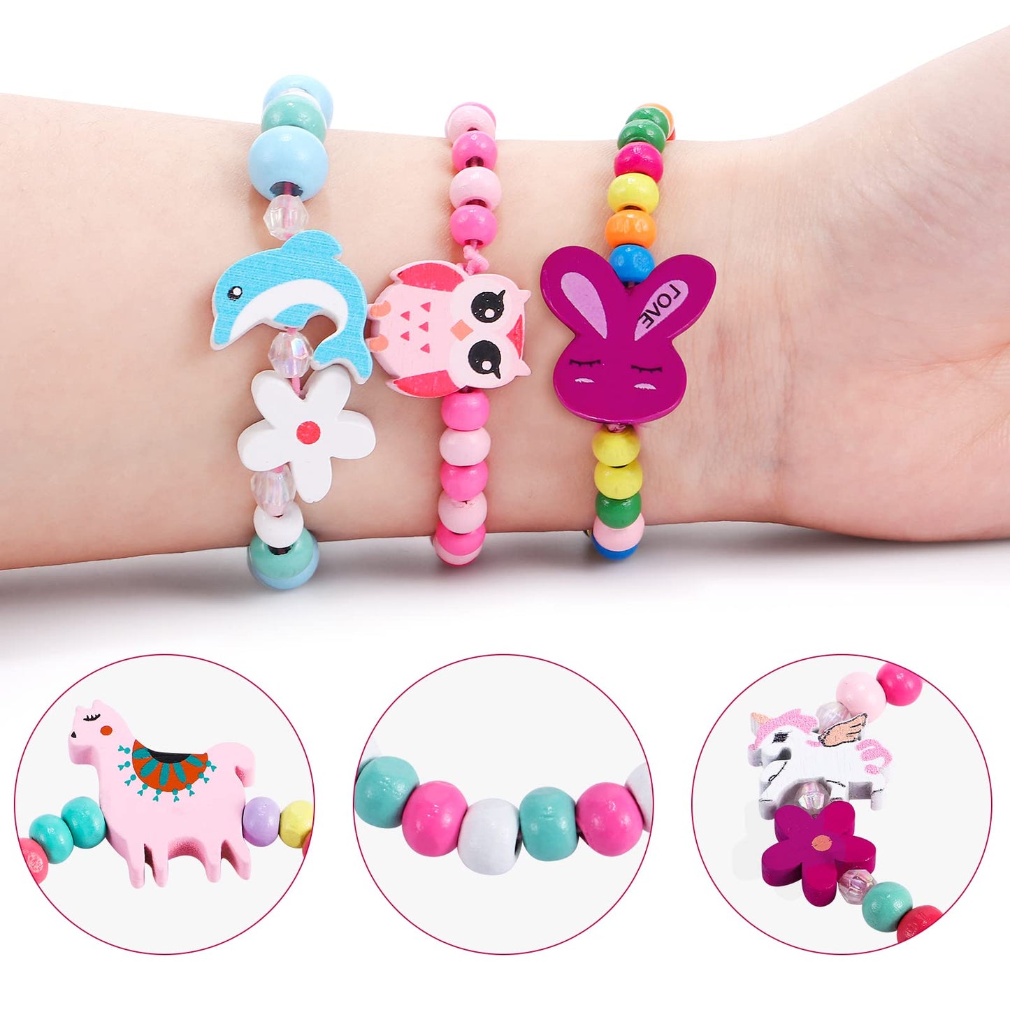 GC 12 Pcs Kids Bracelets Set - Unicorn, Mermaid & Colorful Wooden Beaded Jewelry