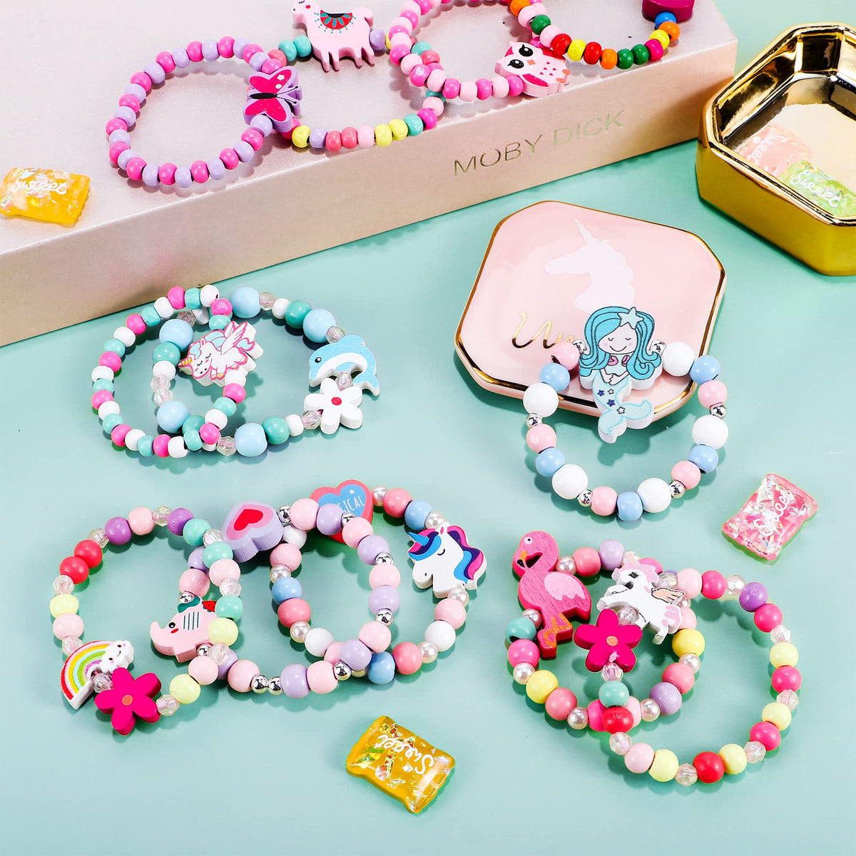 GC 12 Pcs Kids Bracelets Set - Unicorn, Mermaid & Colorful Wooden Beaded Jewelry
