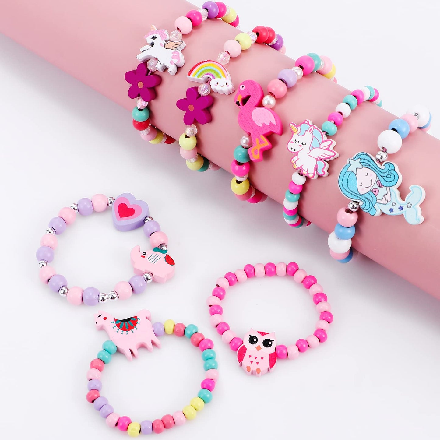 GC 12 Pcs Kids Bracelets Set - Unicorn, Mermaid & Colorful Wooden Beaded Jewelry
