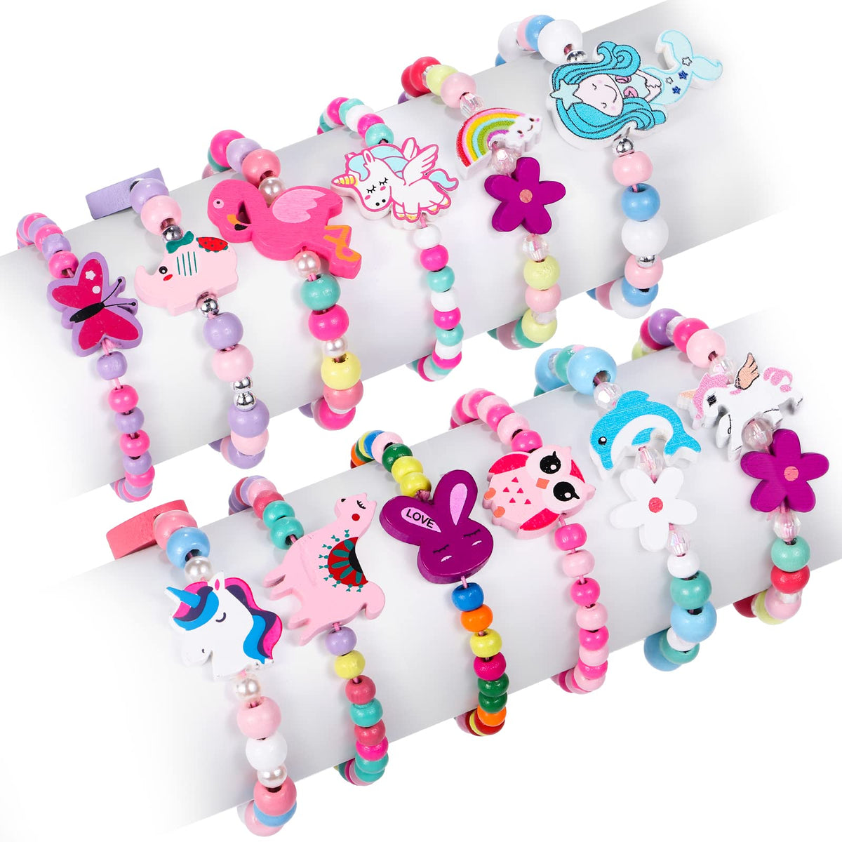 GC 12 Pcs Kids Bracelets Set - Unicorn, Mermaid & Colorful Wooden Beaded Jewelry