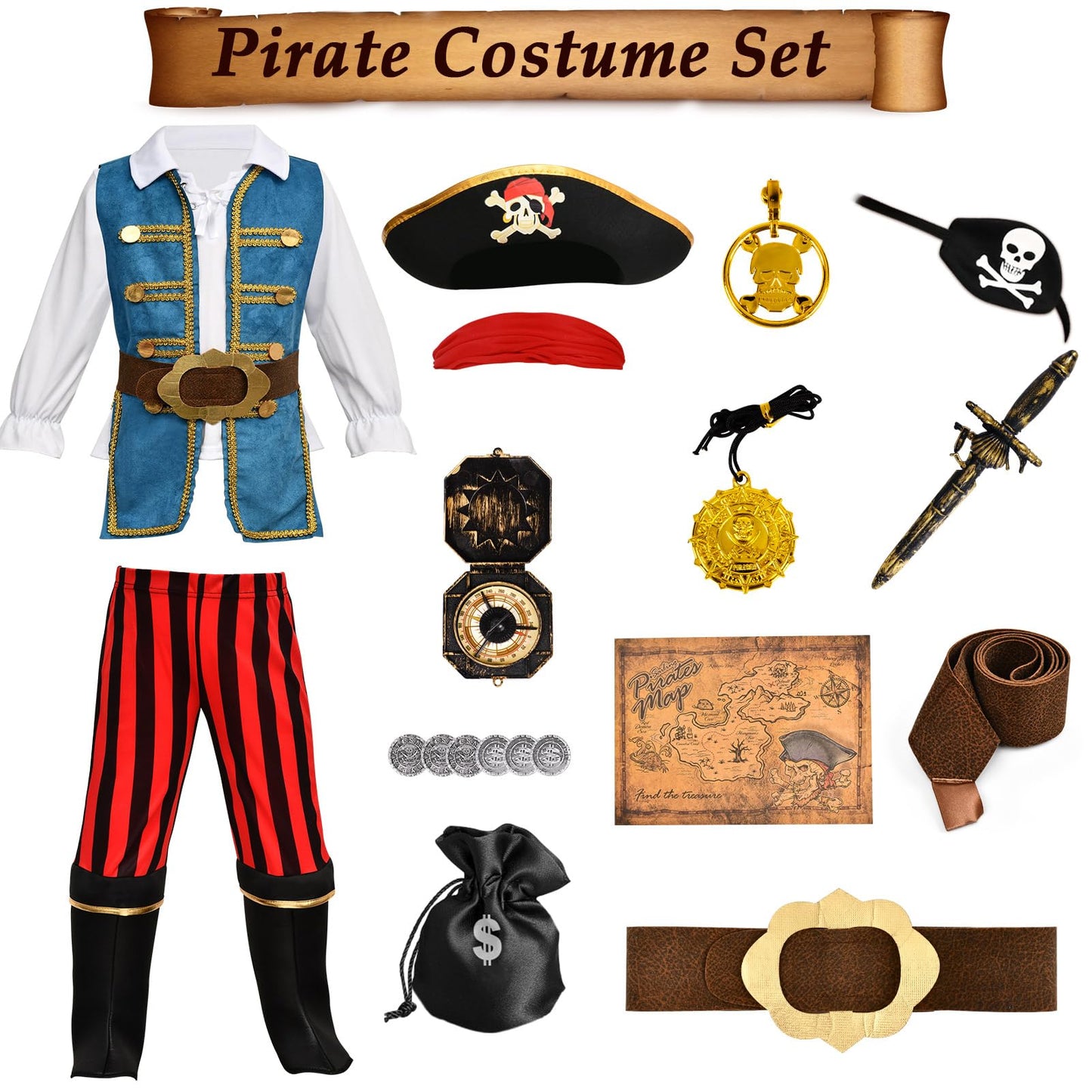 GC 19 Pcs Kids Pirate Costume Set – Toddler Dress Up & Pretend Play Accessories