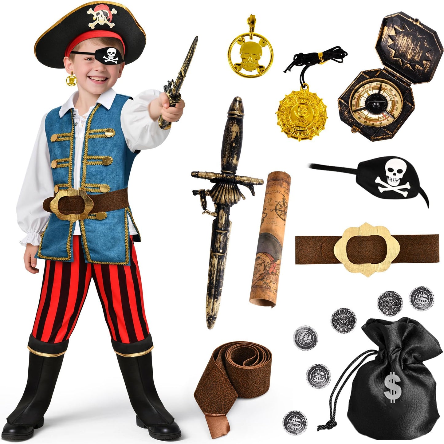 GC 19 Pcs Kids Pirate Costume Set – Toddler Dress Up & Pretend Play Accessories