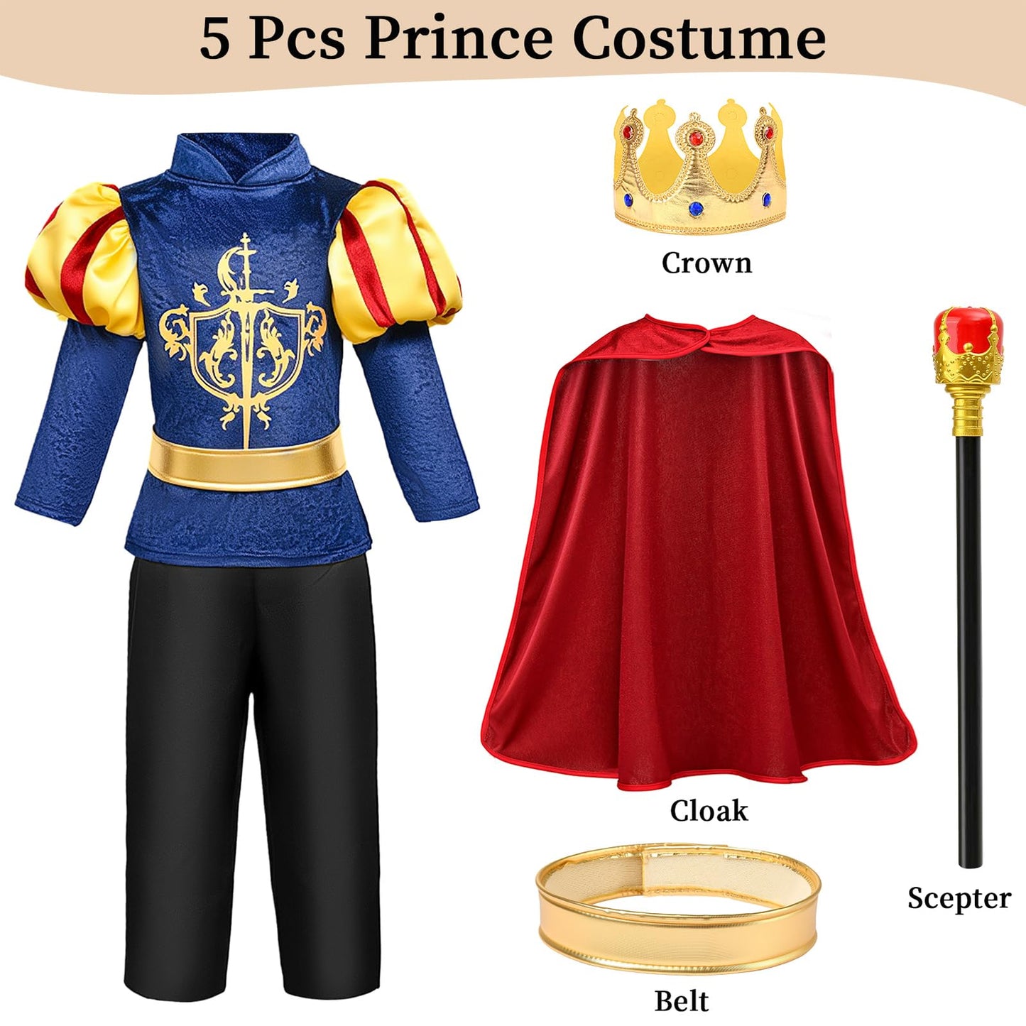 G.C Boys King Prince Charming Costume with Cape – Royal Dress Up Outfit for Halloween & Play