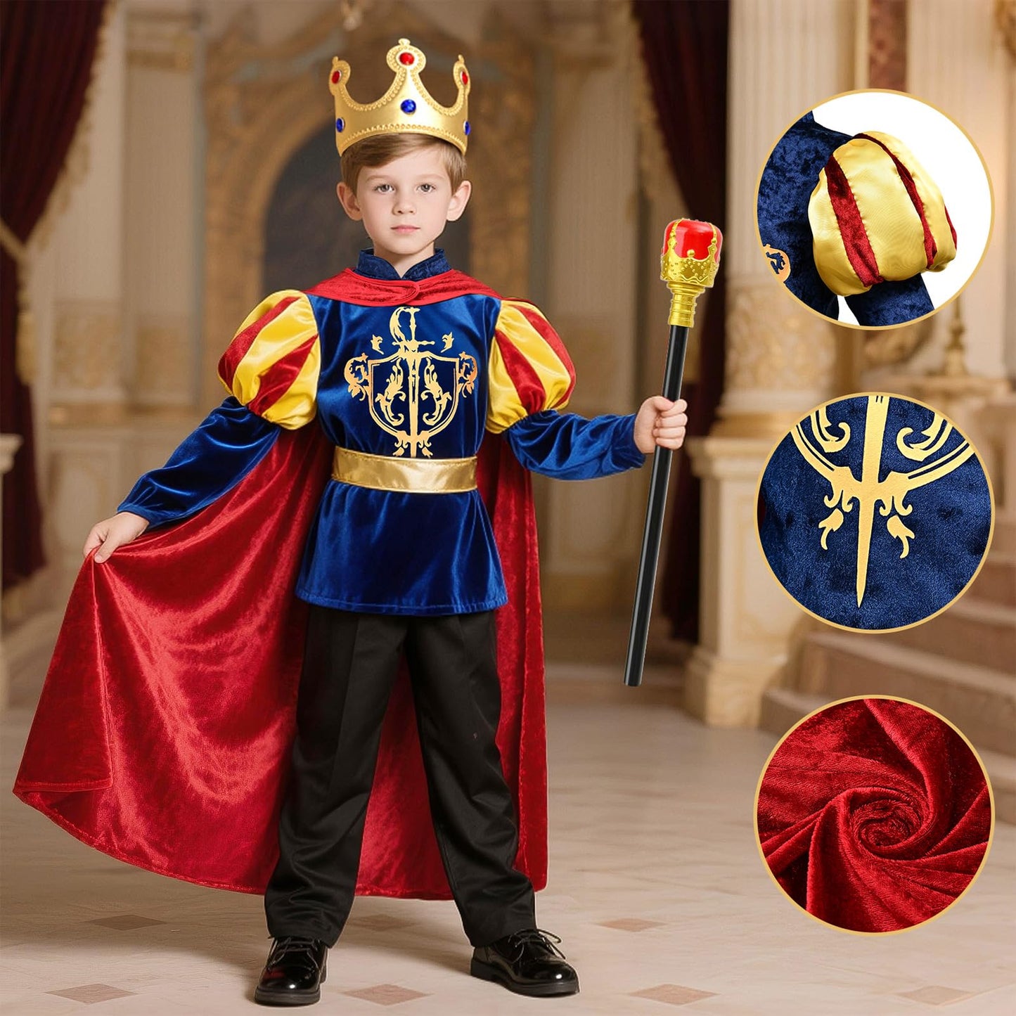 G.C Boys King Prince Charming Costume with Cape – Royal Dress Up Outfit for Halloween & Play