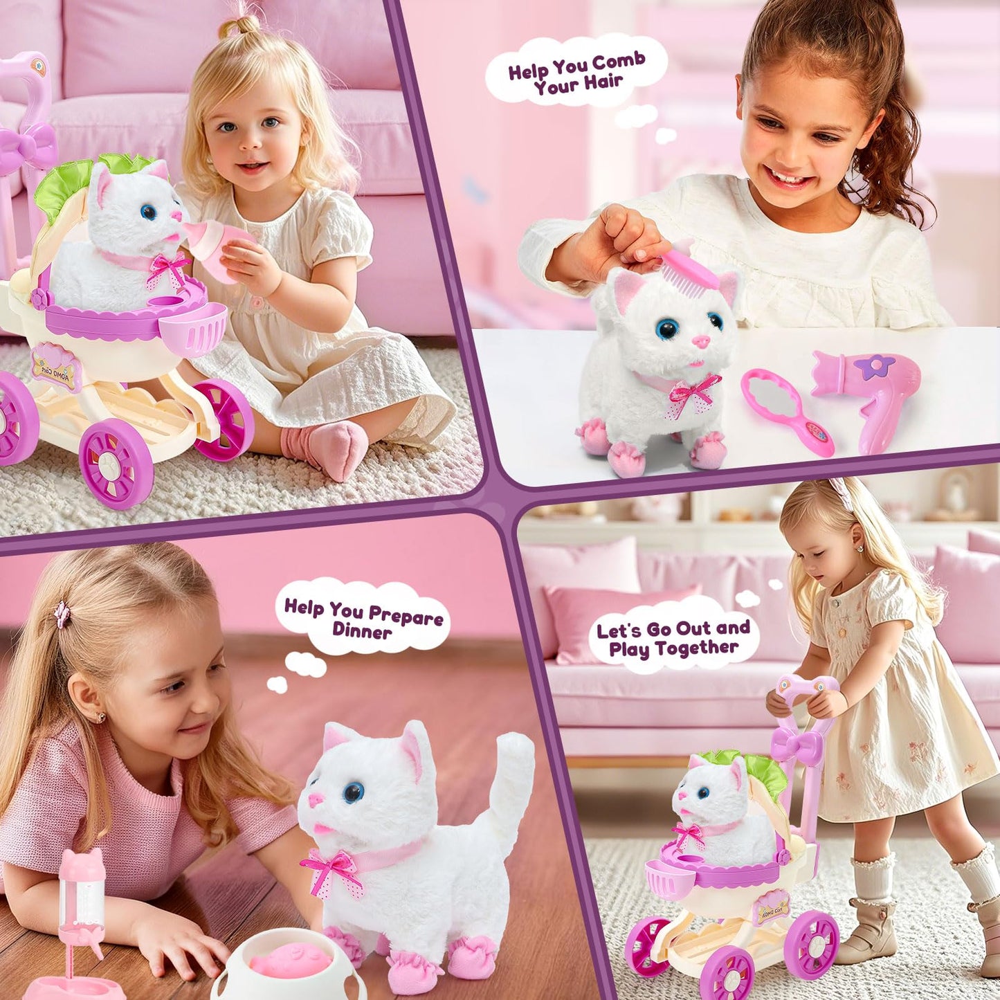 G.C Cat Toys – Electronic Interactive Cat with Stroller, Walk Meow Wag Tail for Kids