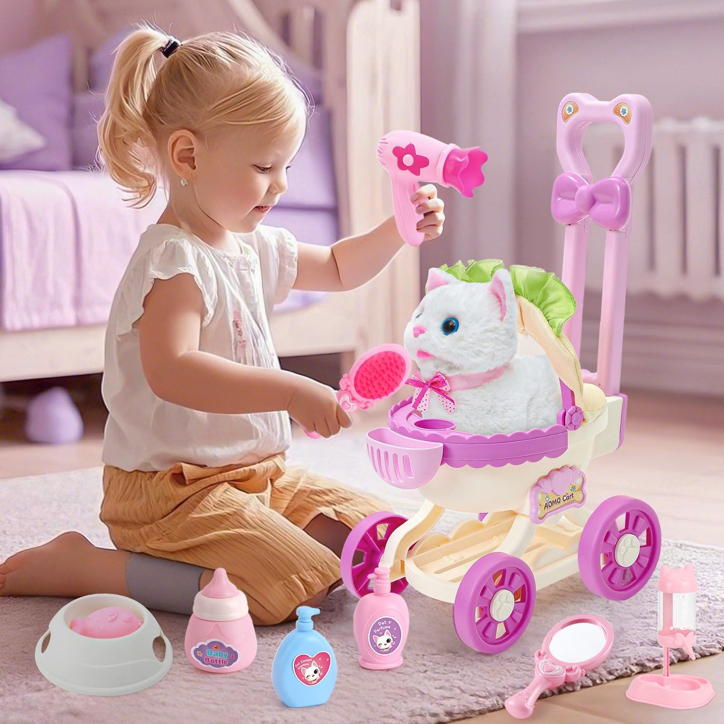 G.C Cat Toys – Electronic Interactive Cat with Stroller, Walk Meow Wag Tail for Kids