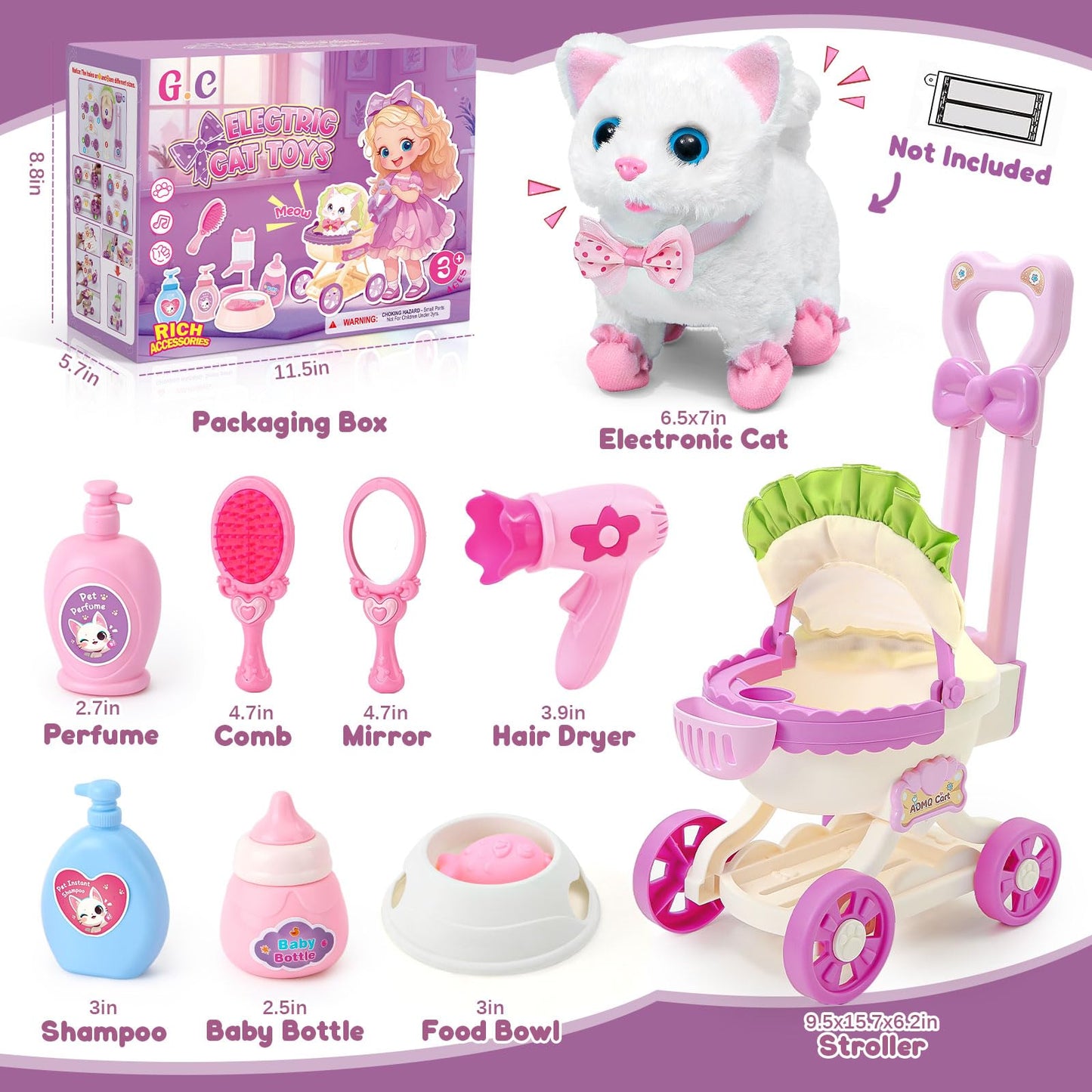 G.C Cat Toys – Electronic Interactive Cat with Stroller, Walk Meow Wag Tail for Kids