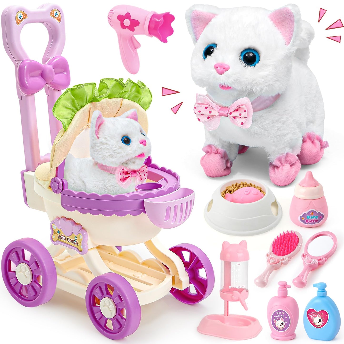 G.C Cat Toys – Electronic Interactive Cat with Stroller, Walk Meow Wag Tail for Kids