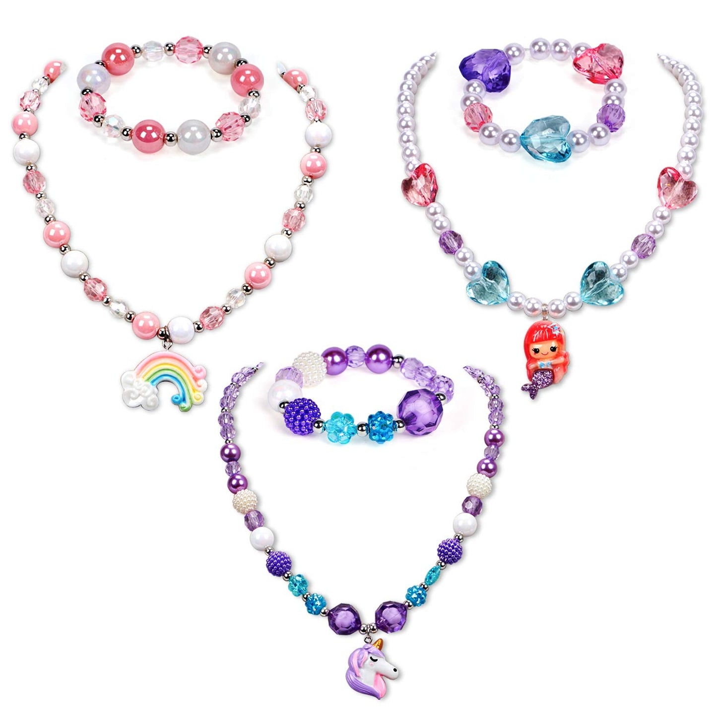 G.C 3-Set Girl Princess Jewelry: Unicorn Mermaid Rainbow Necklace & Bracelet with Gift Box