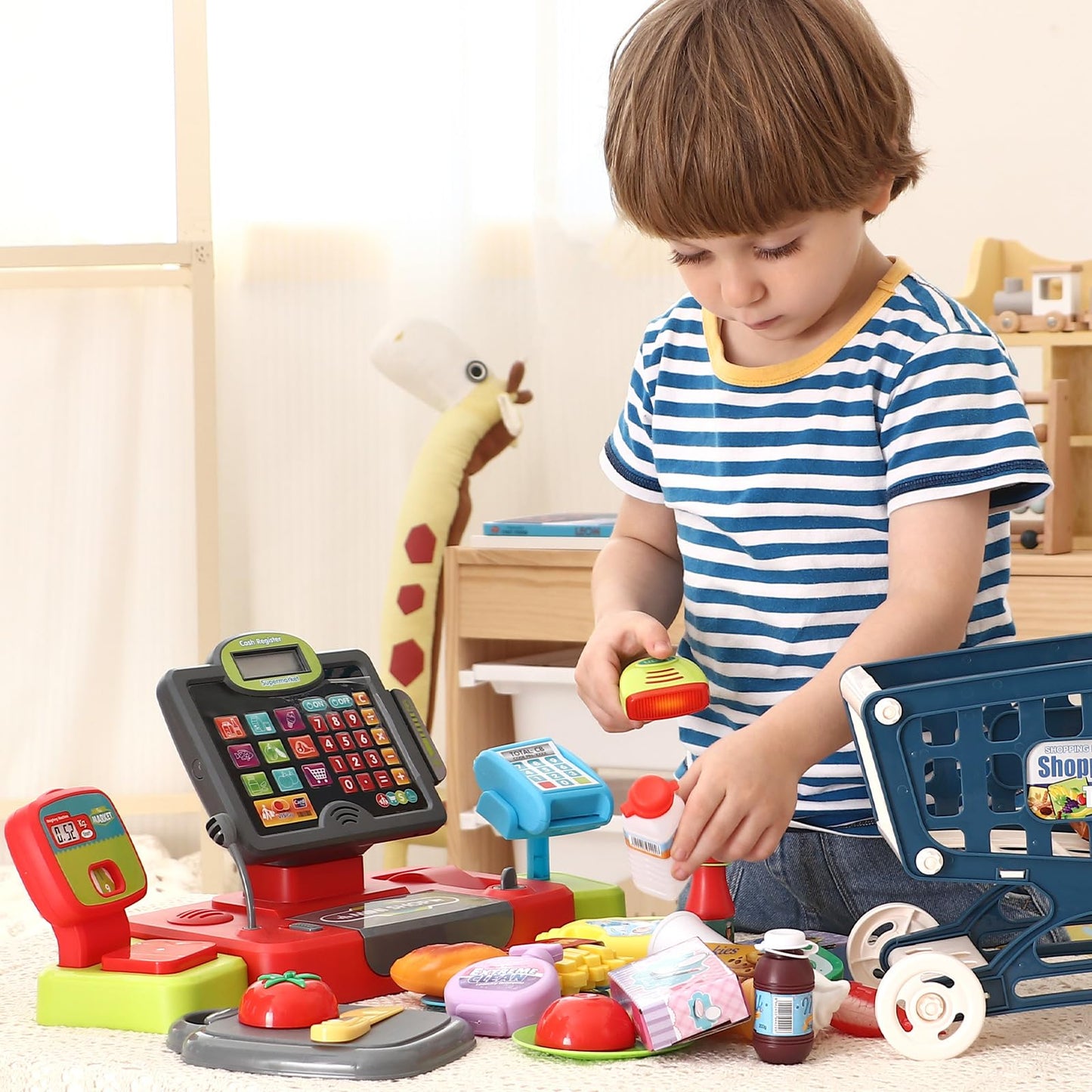 G.C Kids Cash Register Toy with Real Calculator Sound – Grocery Store Playset & Shopping Cart