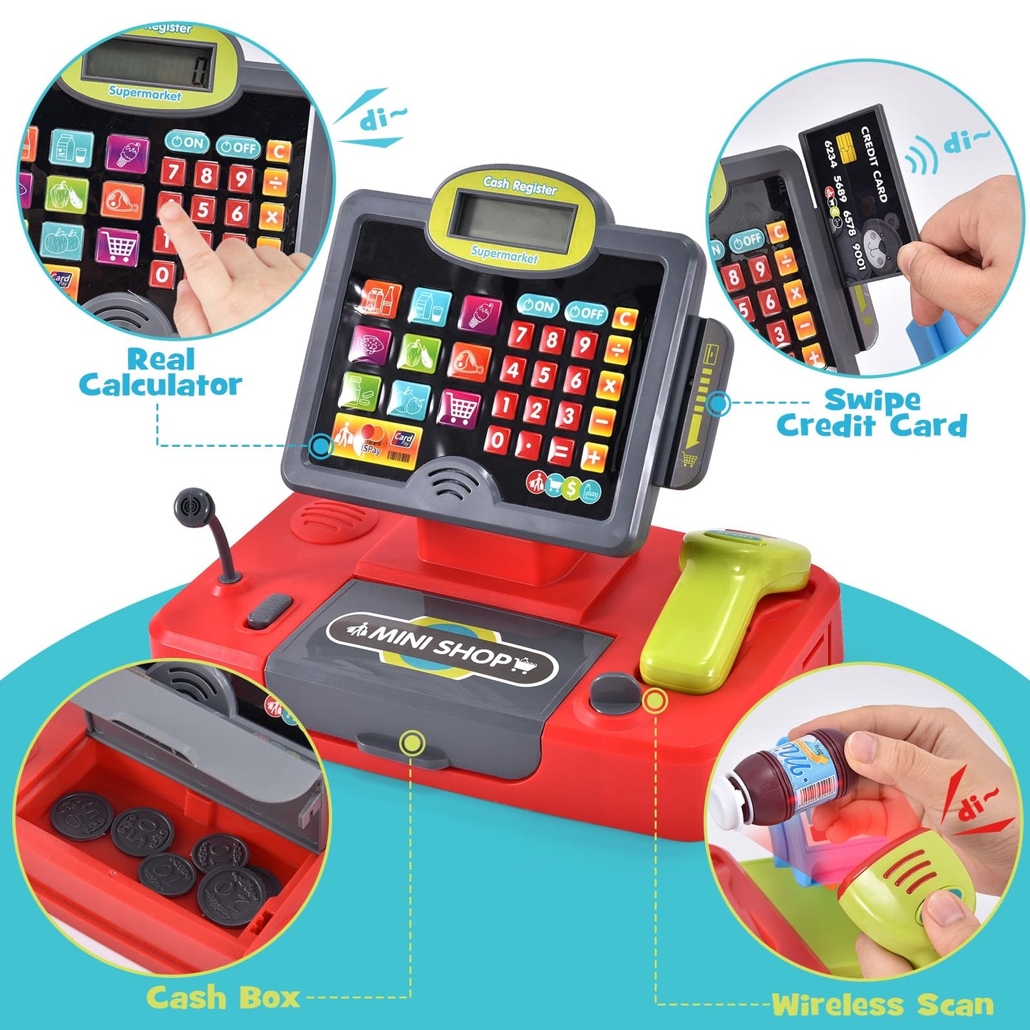 G.C Kids Cash Register Toy with Real Calculator Sound – Grocery Store Playset & Shopping Cart