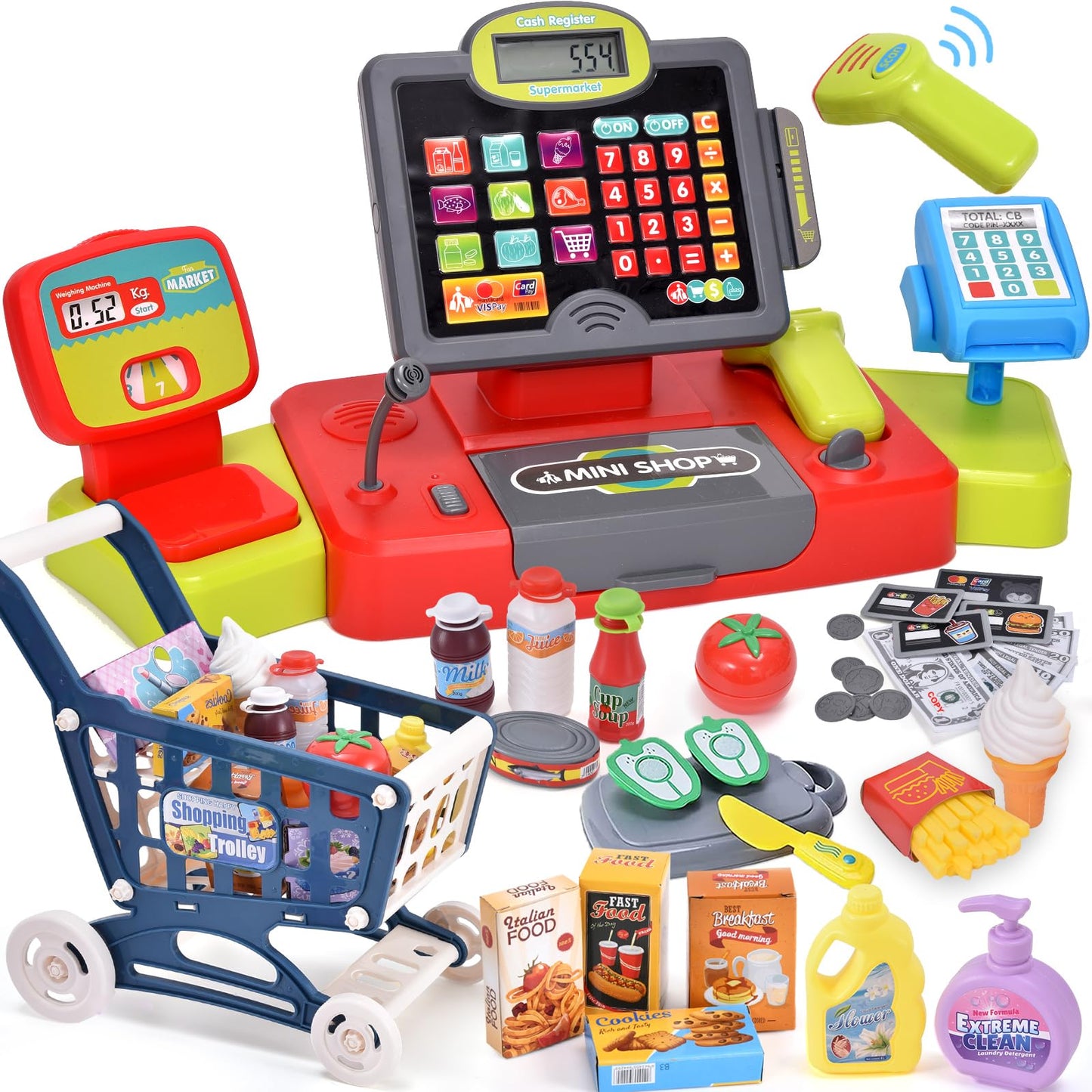 G.C Kids Cash Register Toy with Real Calculator Sound – Grocery Store Playset & Shopping Cart