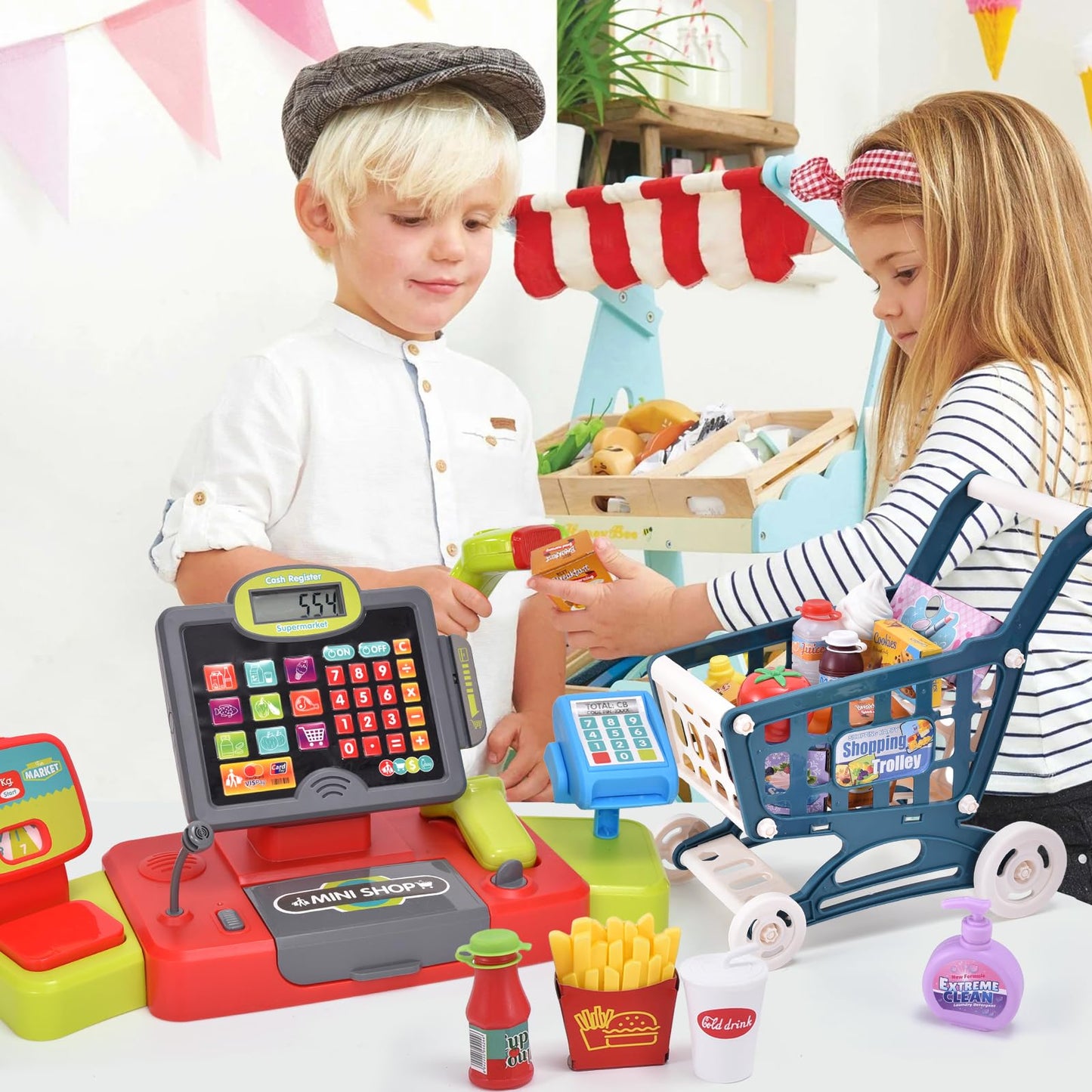 G.C Kids Cash Register Toy with Real Calculator Sound – Grocery Store Playset & Shopping Cart