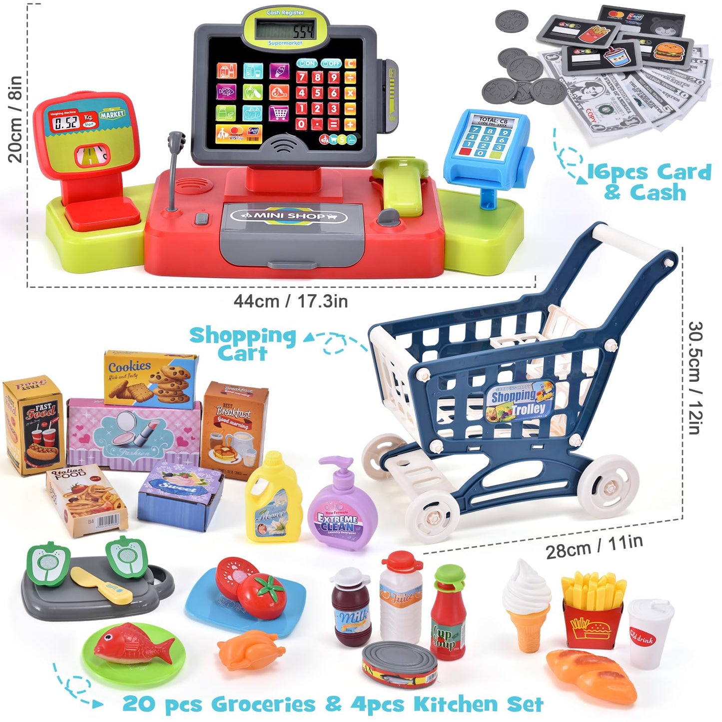 G.C Kids Cash Register Toy with Real Calculator Sound – Grocery Store Playset & Shopping Cart