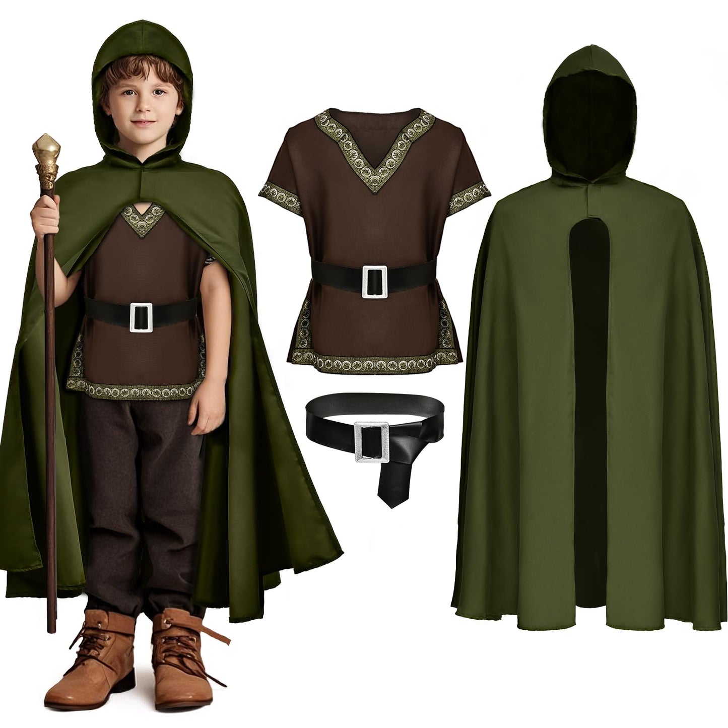 G.C Kids Renaissance Shirt, Cloak & Belt – Boys Medieval Costume Set for Halloween Cosplay