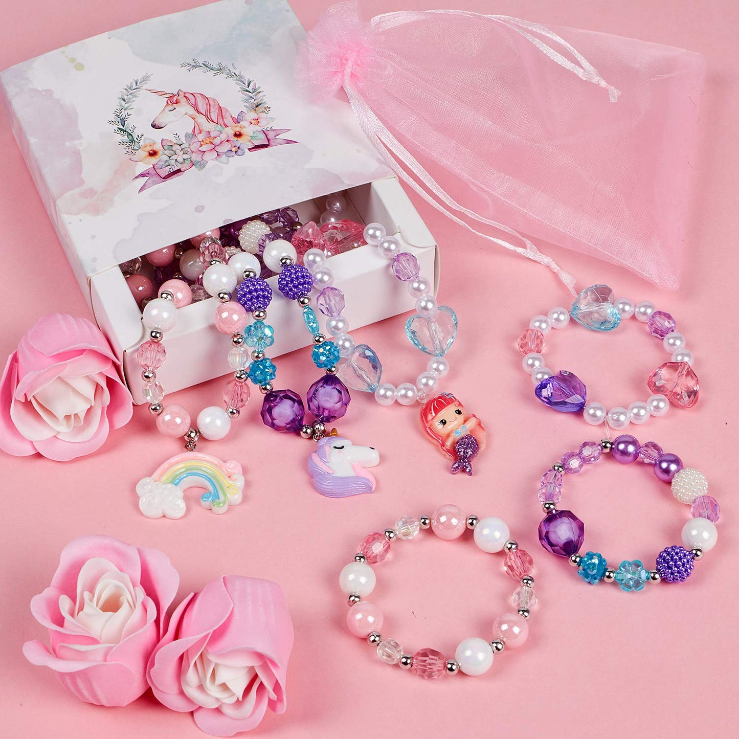 G.C 3-Set Girl Princess Jewelry: Unicorn Mermaid Rainbow Necklace & Bracelet with Gift Box