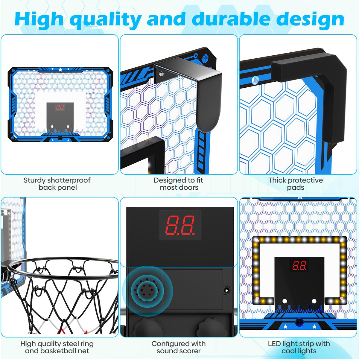 Gcobup Indoor Basketball Hoop for Kids – Over-the-Door Mini Hoop with LED Scoreboard