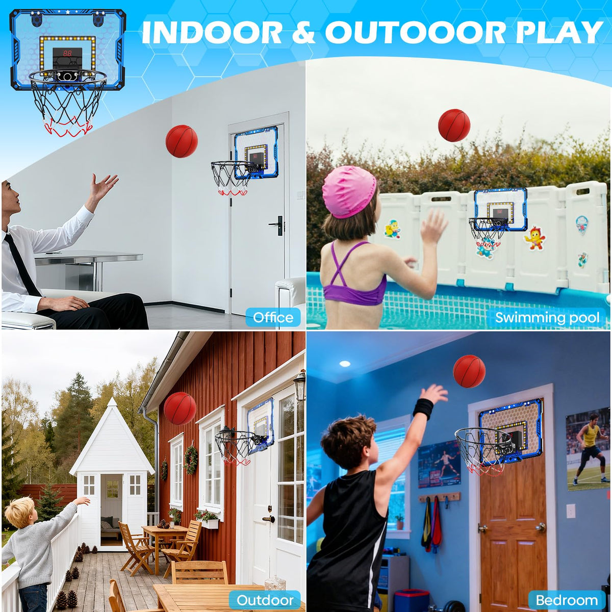Gcobup Indoor Basketball Hoop for Kids – Over-the-Door Mini Hoop with LED Scoreboard