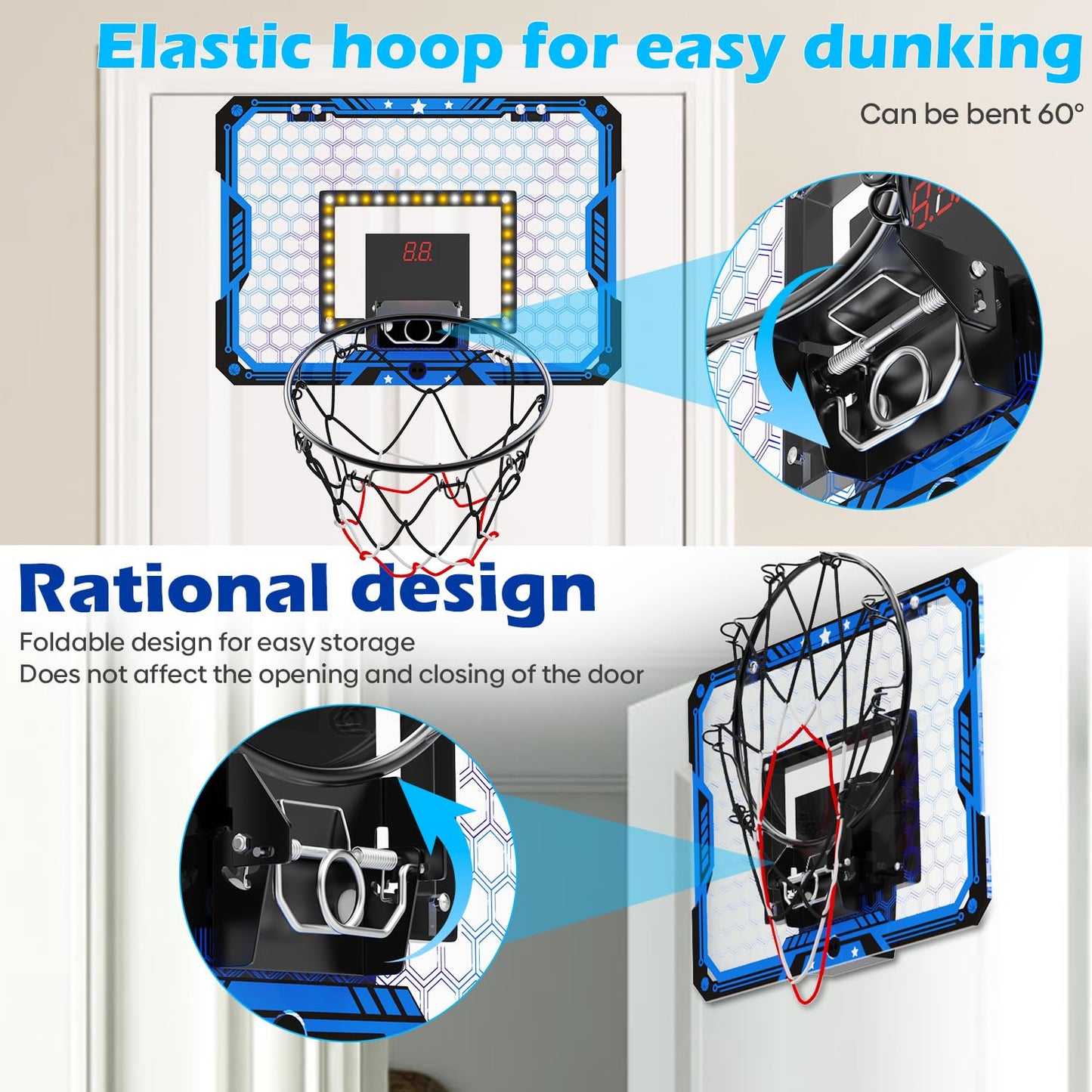 Gcobup Indoor Basketball Hoop for Kids – Over-the-Door Mini Hoop with LED Scoreboard