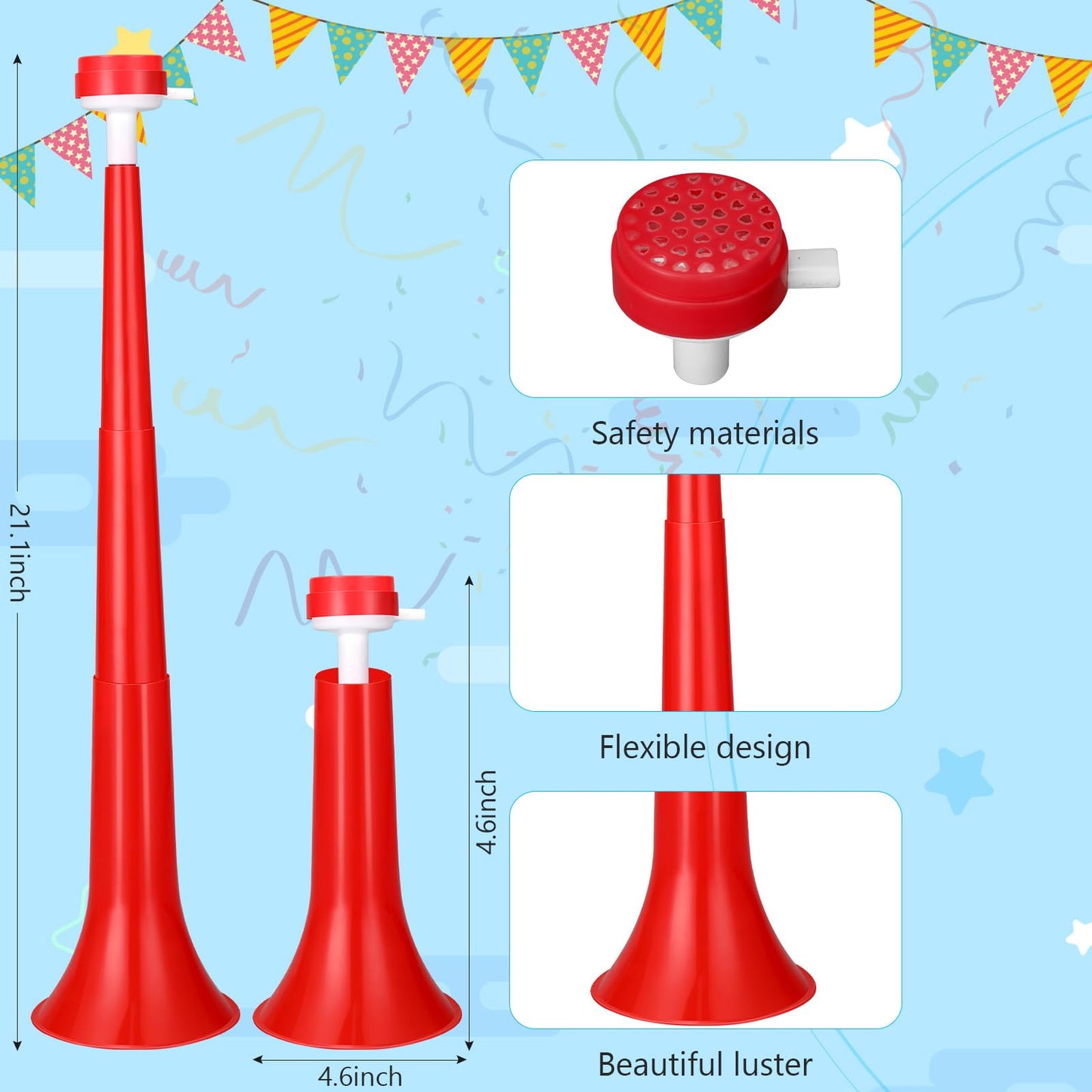 GCQJOQ 4 Pcs Stadium Horns – 21-Inch Red Collapsible Vuvuzelas for Sporting Events