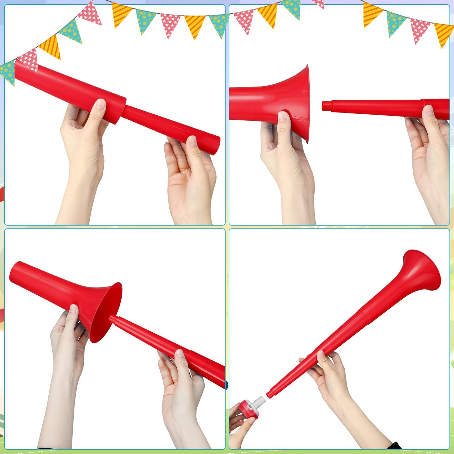 GCQJOQ 4 Pcs Stadium Horns – 21-Inch Red Collapsible Vuvuzelas for Sporting Events