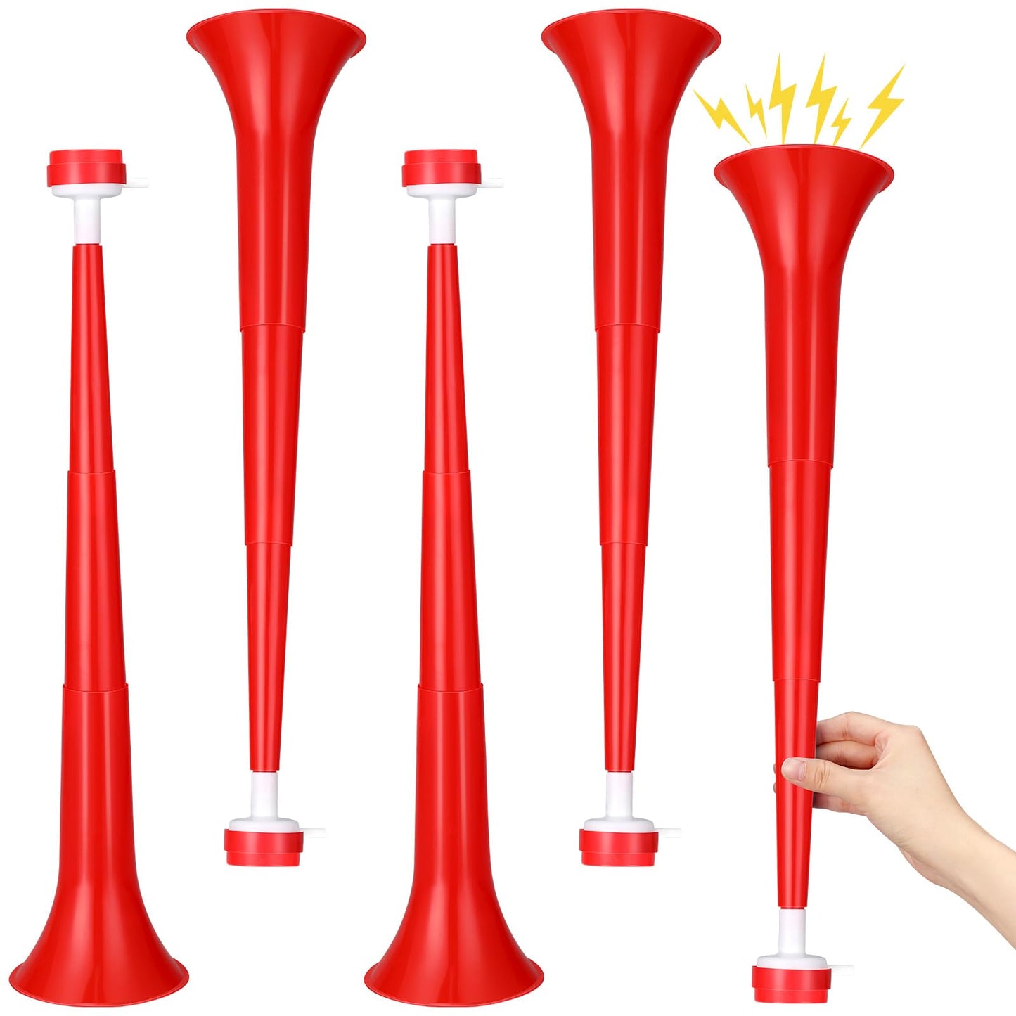 GCQJOQ 4 Pcs Stadium Horns – 21-Inch Red Collapsible Vuvuzelas for Sporting Events