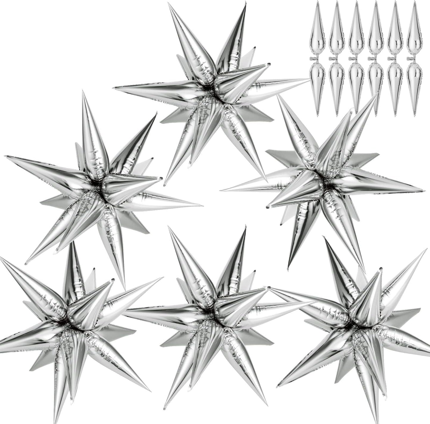 GCTWFYK 74 Pcs Silver Star Balloons | 12-Point Cone Foil Mylar for Party Decor