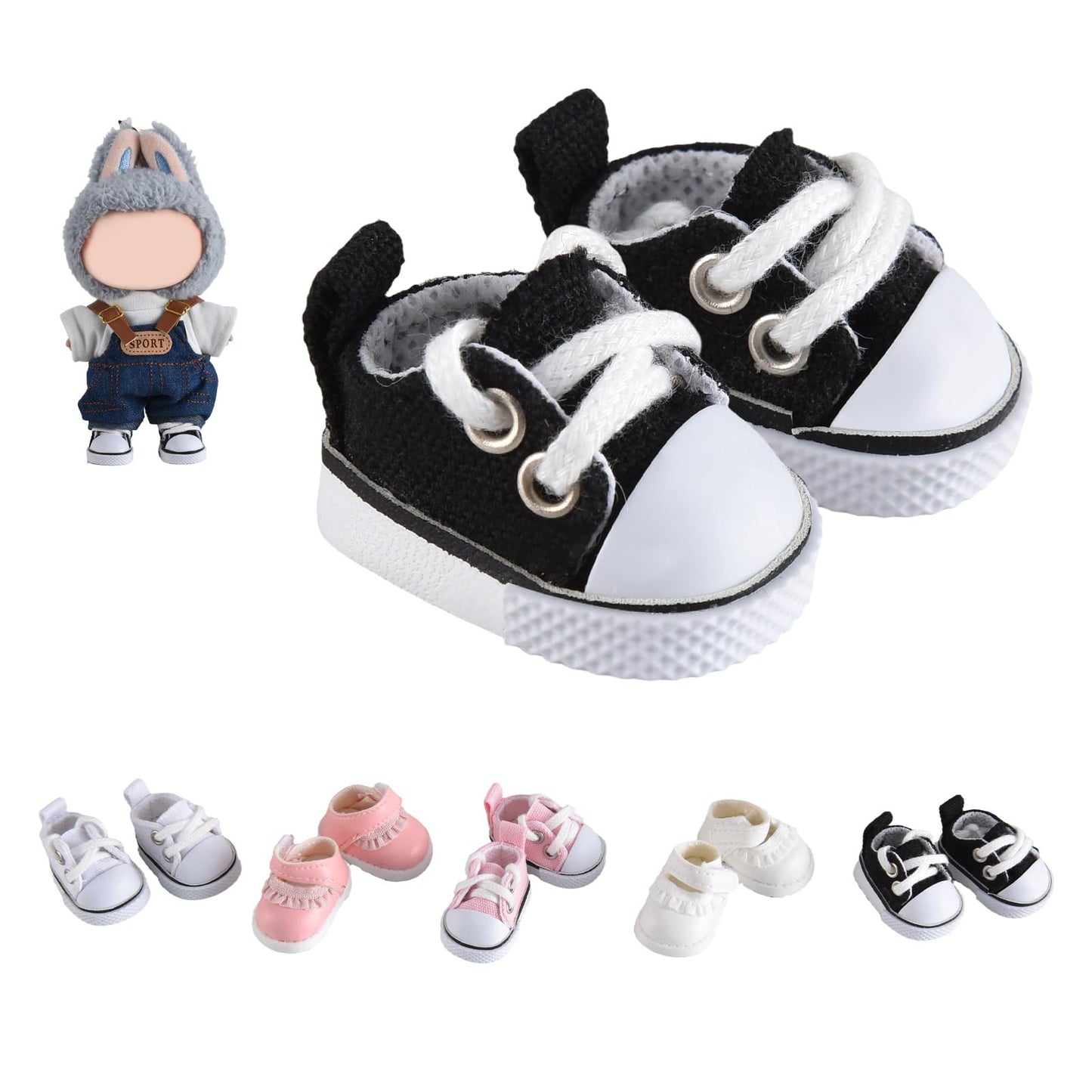 GDLSYLGHY Cute Doll Shoes for Labubu — Premium Black Canvas, Fits 4-7in Dolls