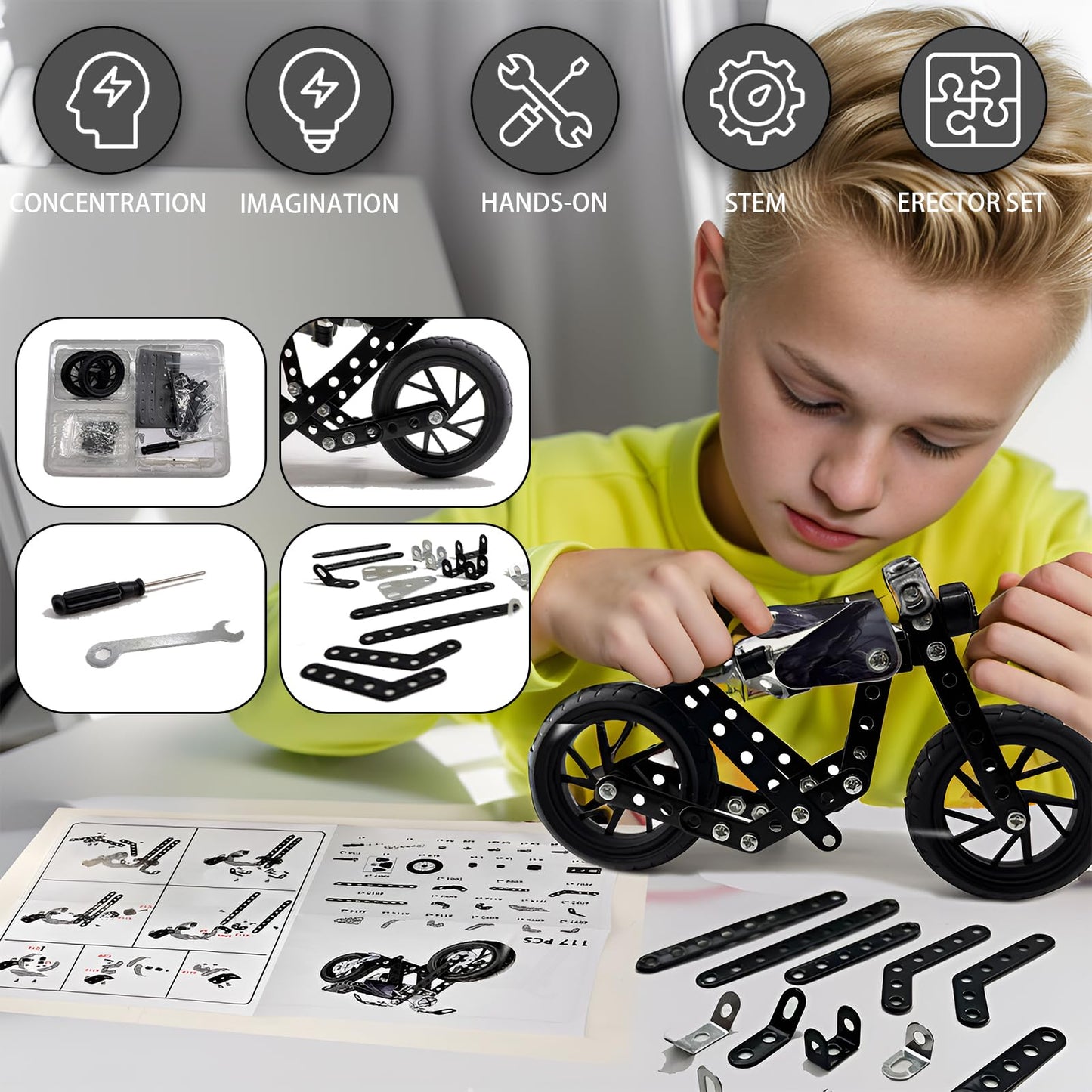 Geangvn Metal Model Motorcycle Kit – 117 Pcs Erector Set for Ages 8-12