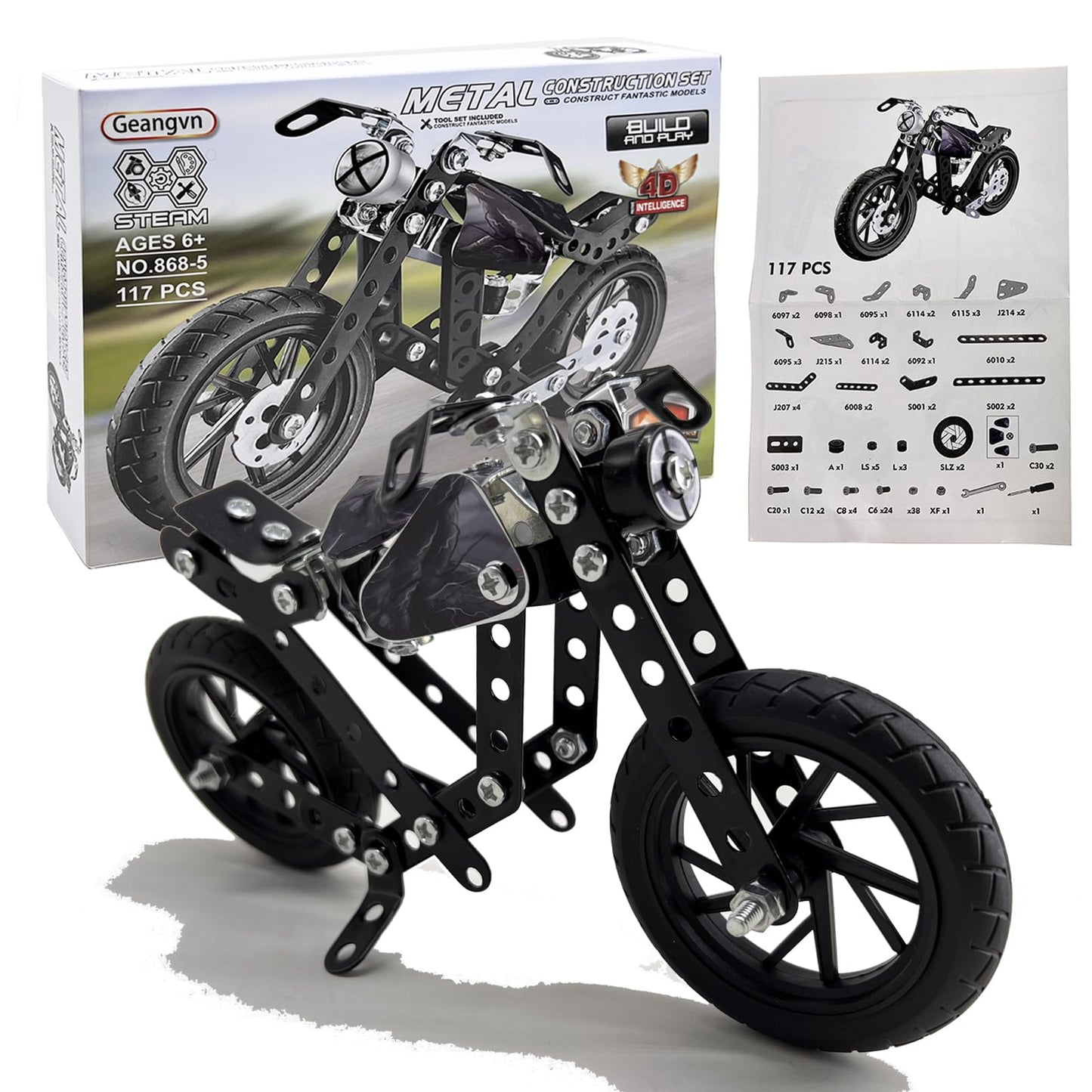Geangvn Metal Model Motorcycle Kit – 117 Pcs Erector Set for Ages 8-12
