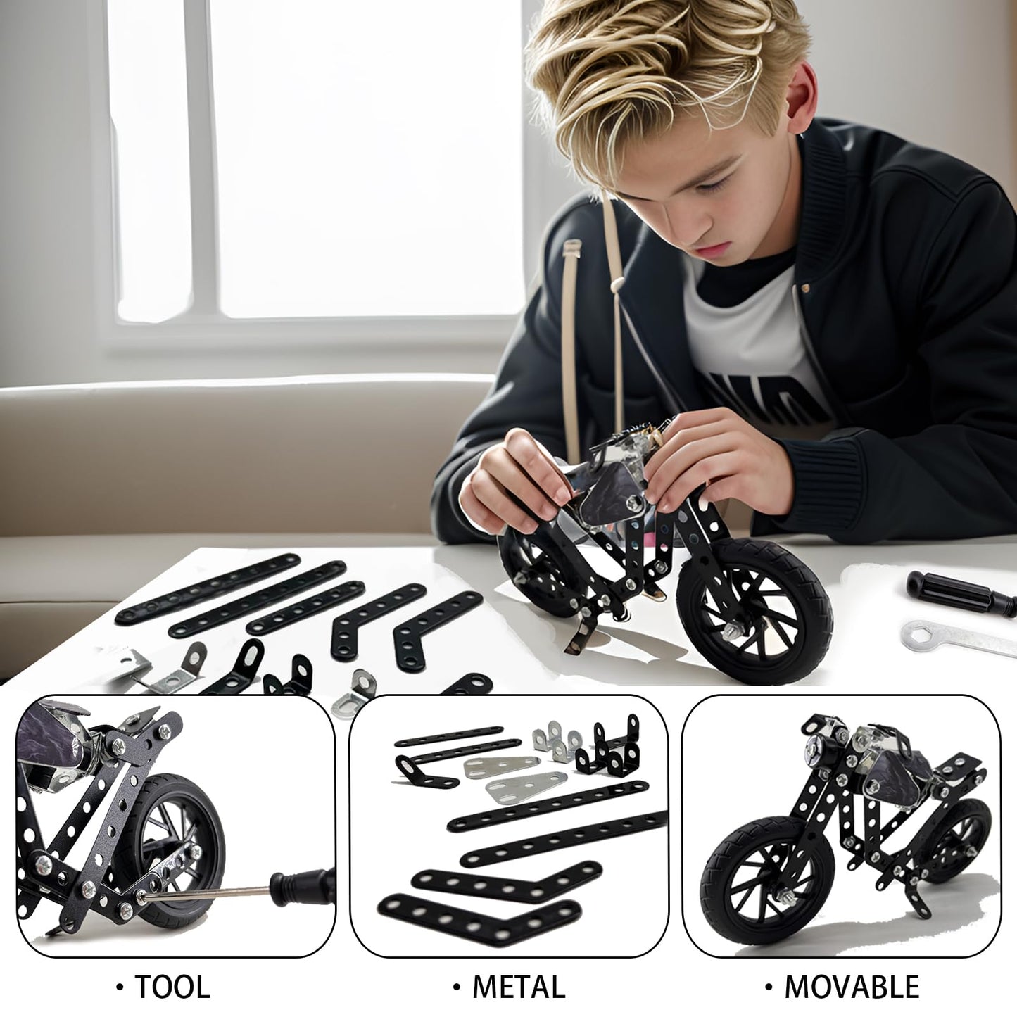 Geangvn Metal Model Motorcycle Kit – 117 Pcs Erector Set for Ages 8-12