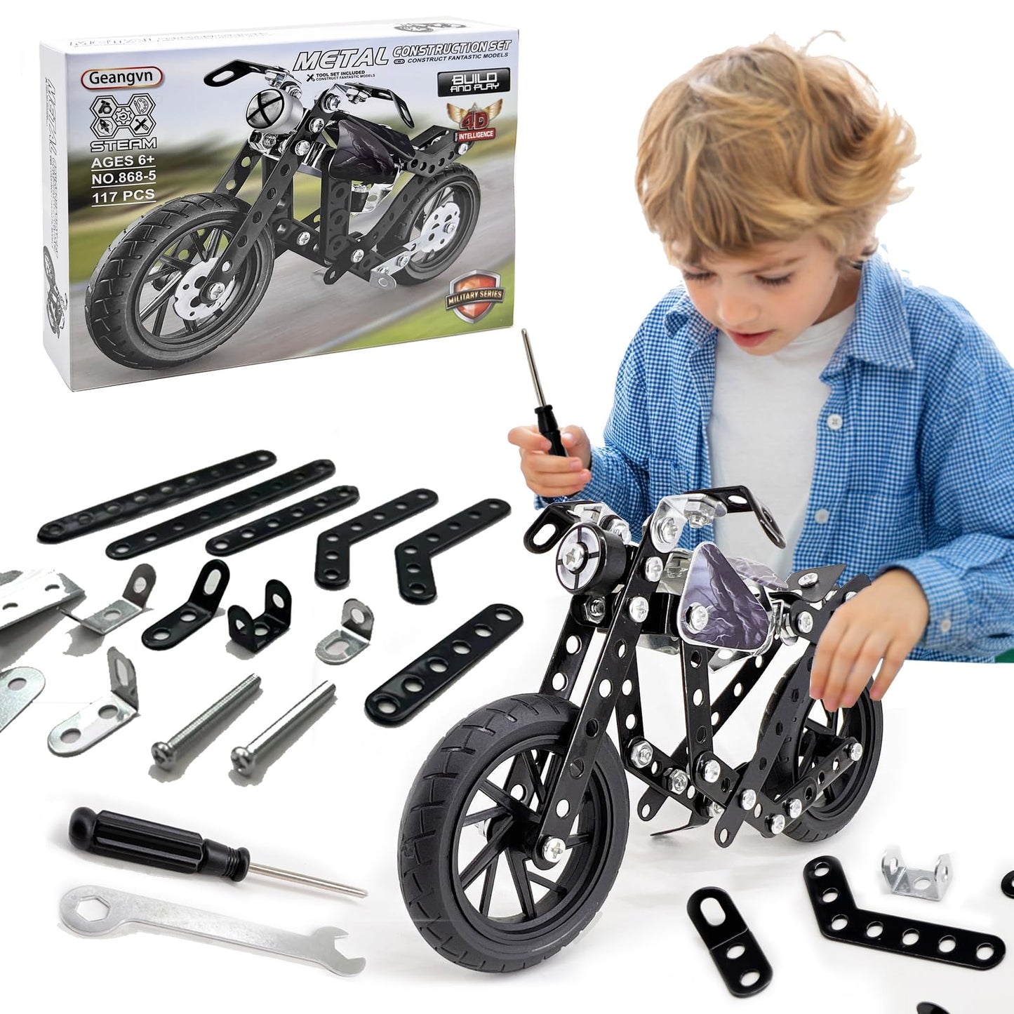 Geangvn Metal Model Motorcycle Kit – 117 Pcs Erector Set for Ages 8-12