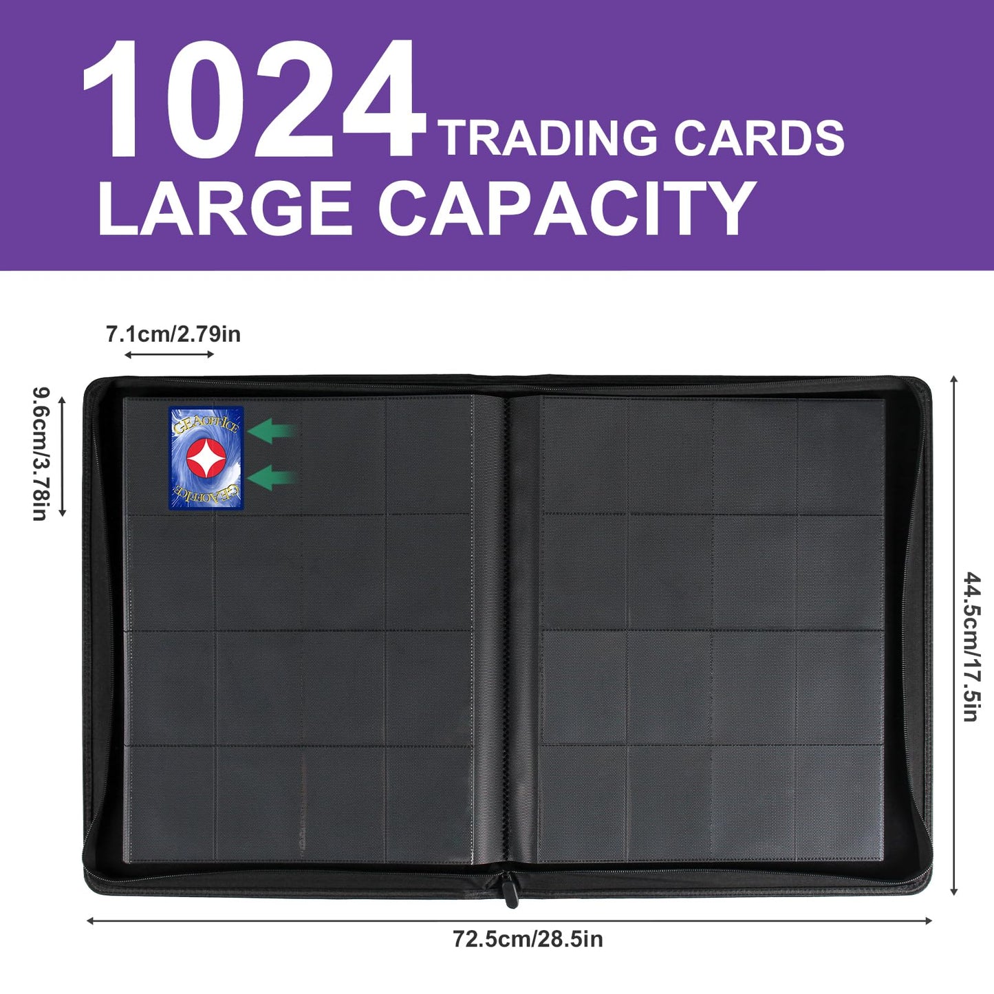 GEAoffice 16-Pocket Trading Card Binder – 1024 Card Capacity, PU Leather, Zipper, Side-Loading (Purple)