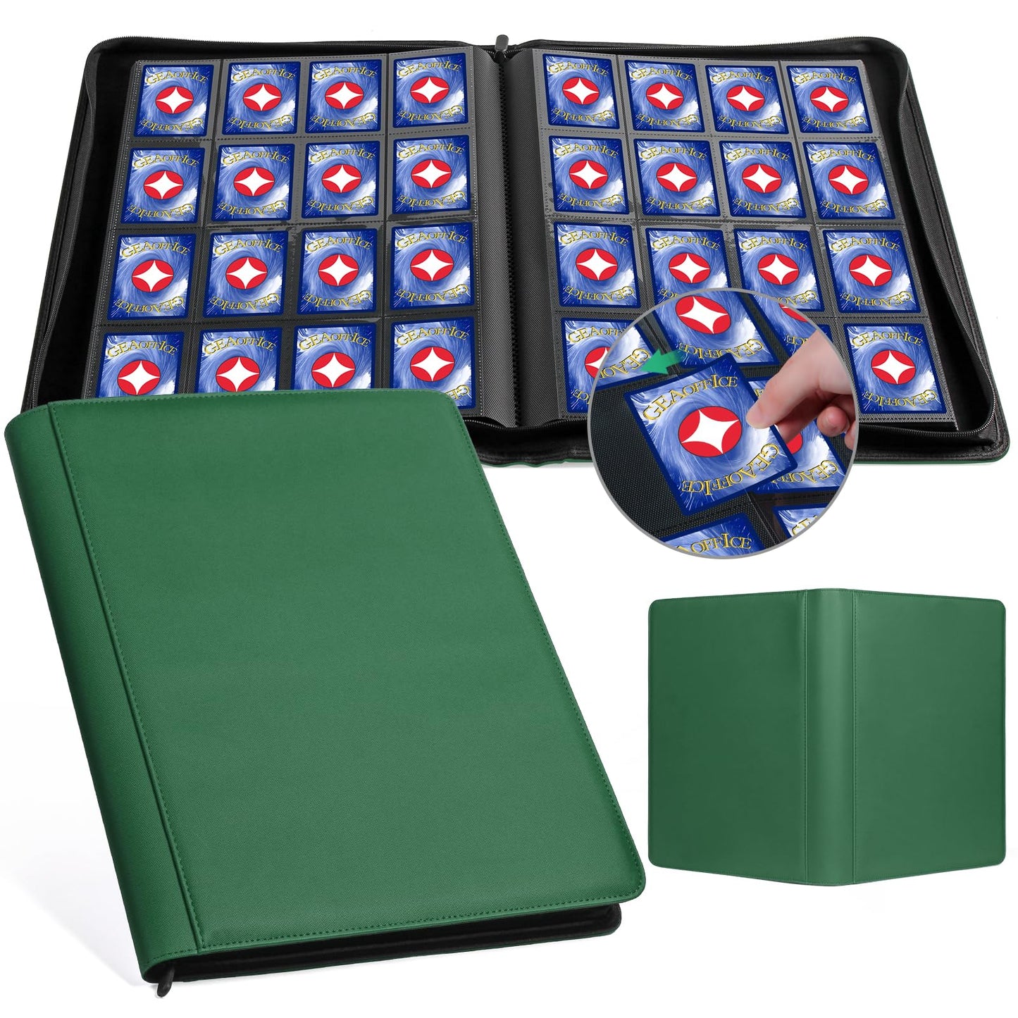 GEAoffice 16-Pocket Card Binder — 1024 Card Capacity, Side-Loading, PU Leather, Green