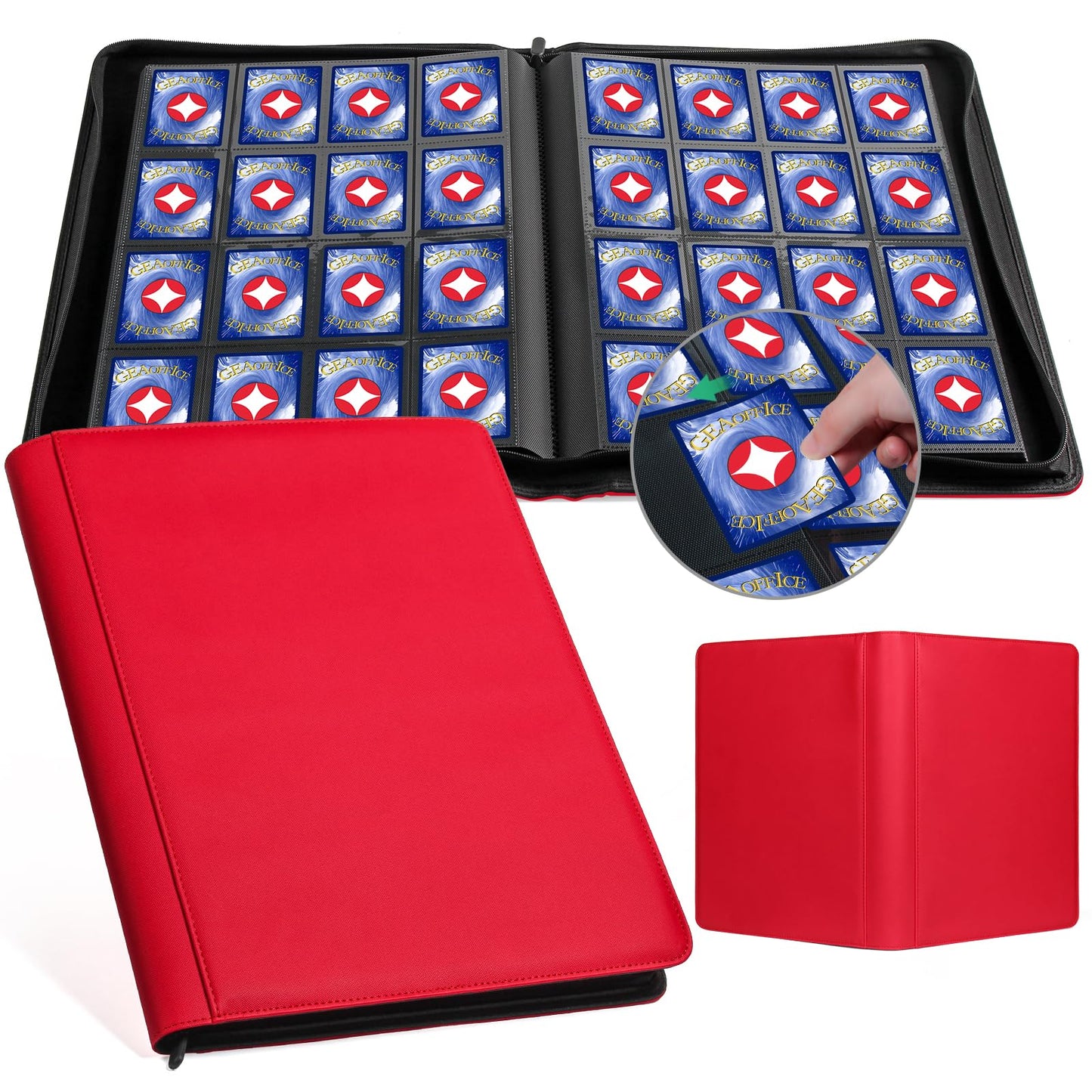 GEAoffice 16-Pocket Card Binder | Holds 1024 Cards, Red PU Leather, Side-Loading with Zipper