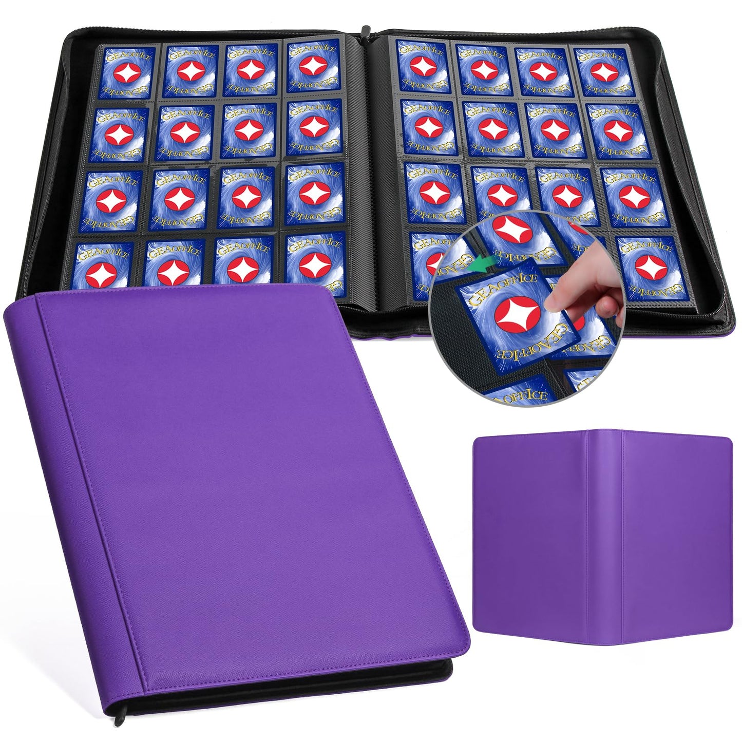 GEAoffice 16-Pocket Trading Card Binder – 1024 Card Capacity, PU Leather, Zipper, Side-Loading (Purple)
