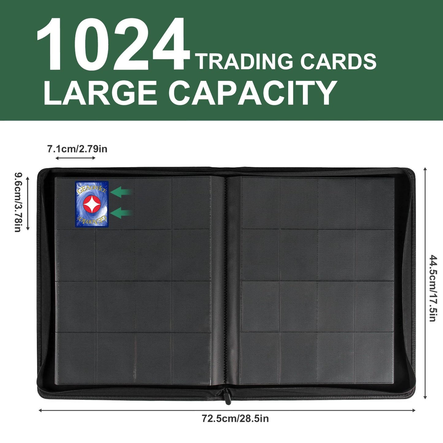 GEAoffice 16-Pocket Card Binder — 1024 Card Capacity, Side-Loading, PU Leather, Green