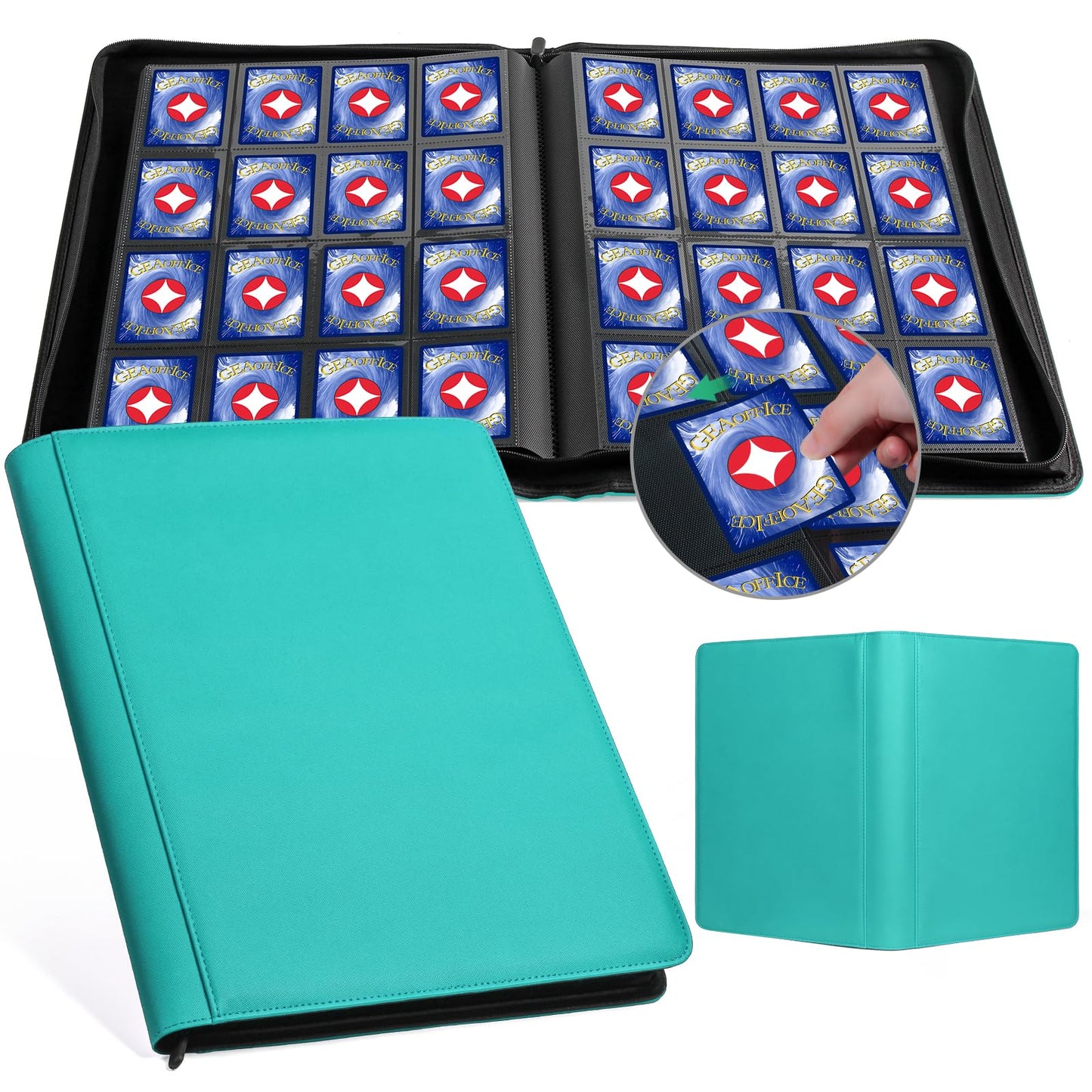 GEAoffice 16-Pocket Trading Card Binder – 1024 Card Capacity, Side-Loading, PU Leather, Turquoise