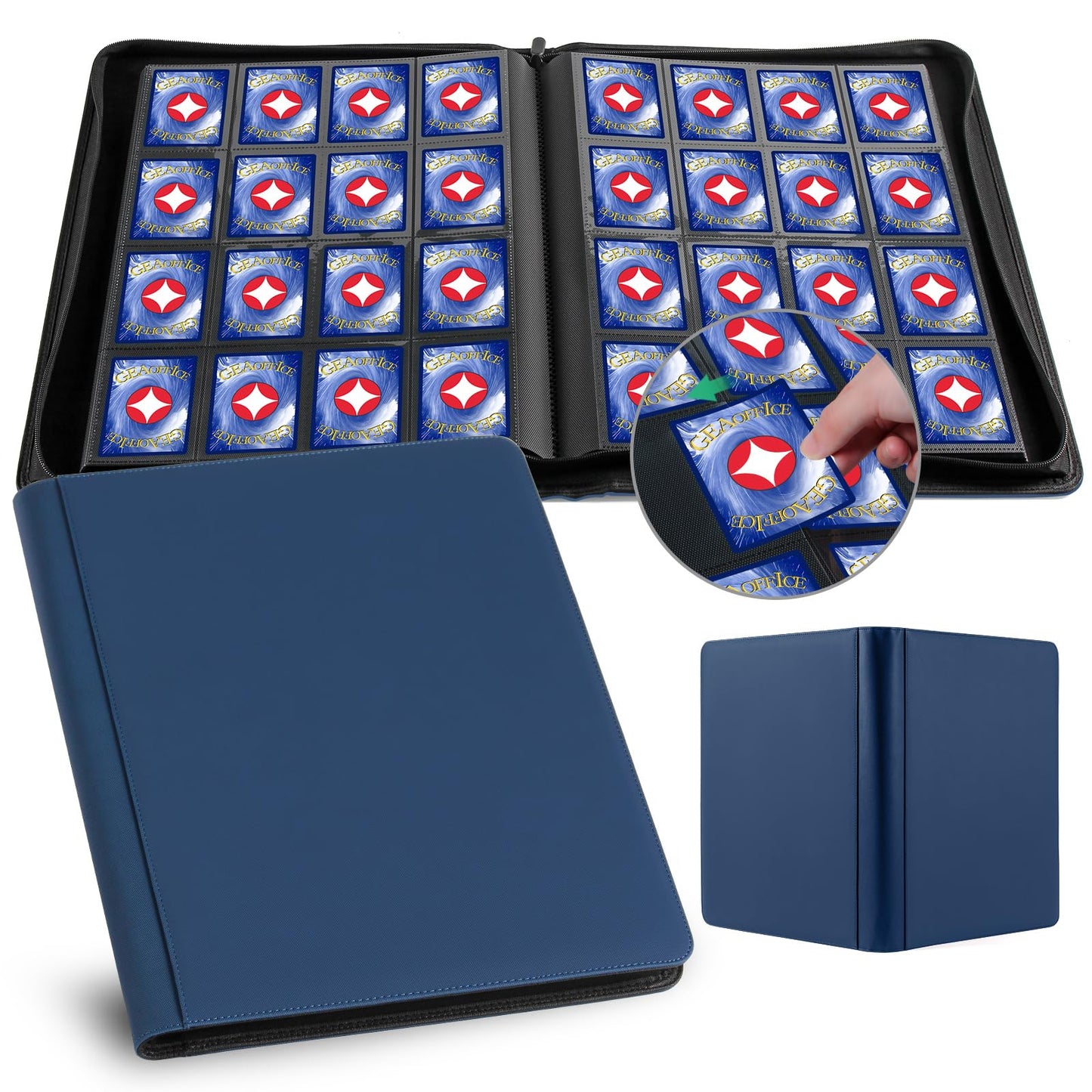 GEAoffice 16-Pocket Card Binder for 1000+ Cards — Premium PU Leather, Navy Blue