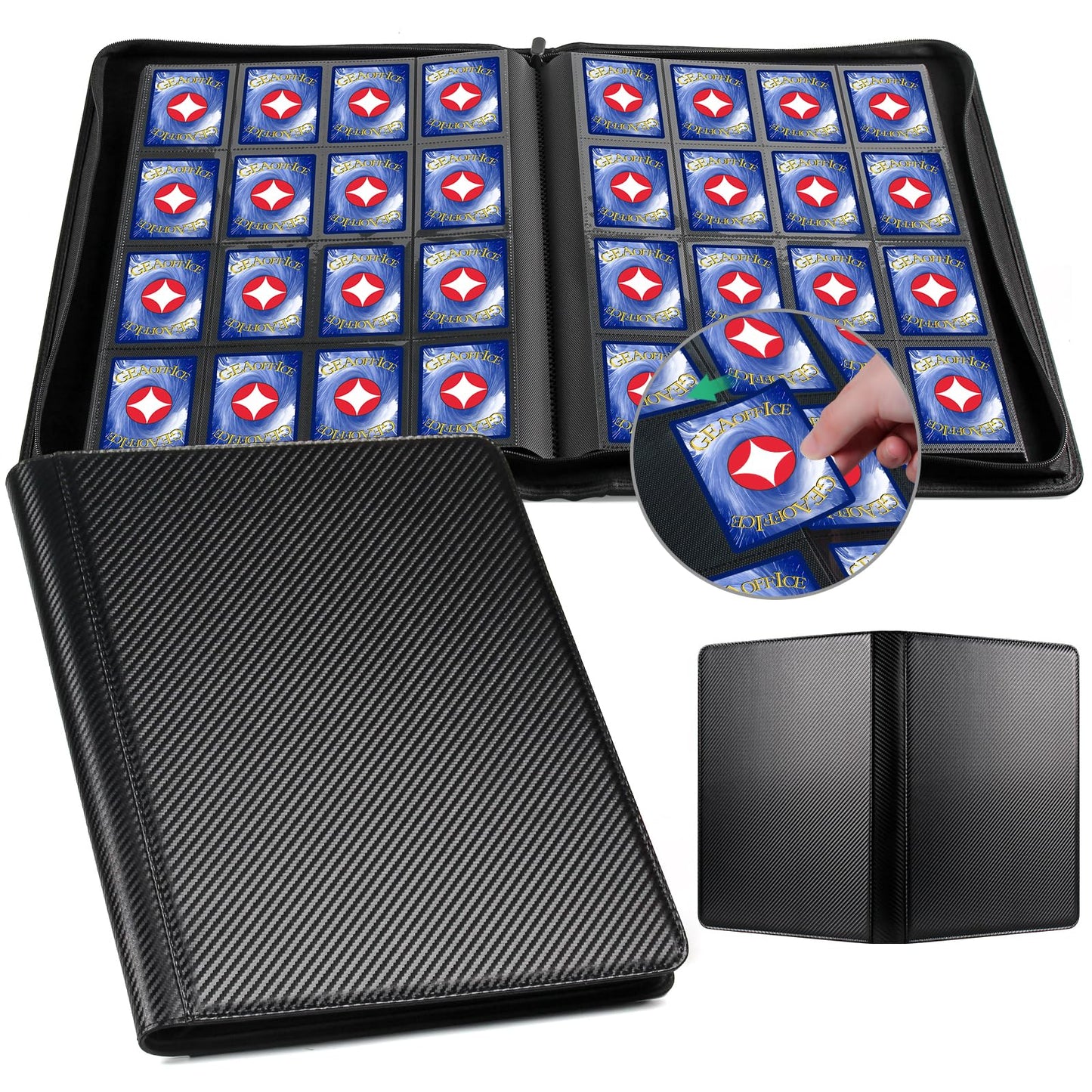 GEAoffice 16-Pocket Trading Card Binder – Holds 1024 Cards, Ringless Side-Loading, PU Leather, Zipper, 4x4 Pages, Carbon Black