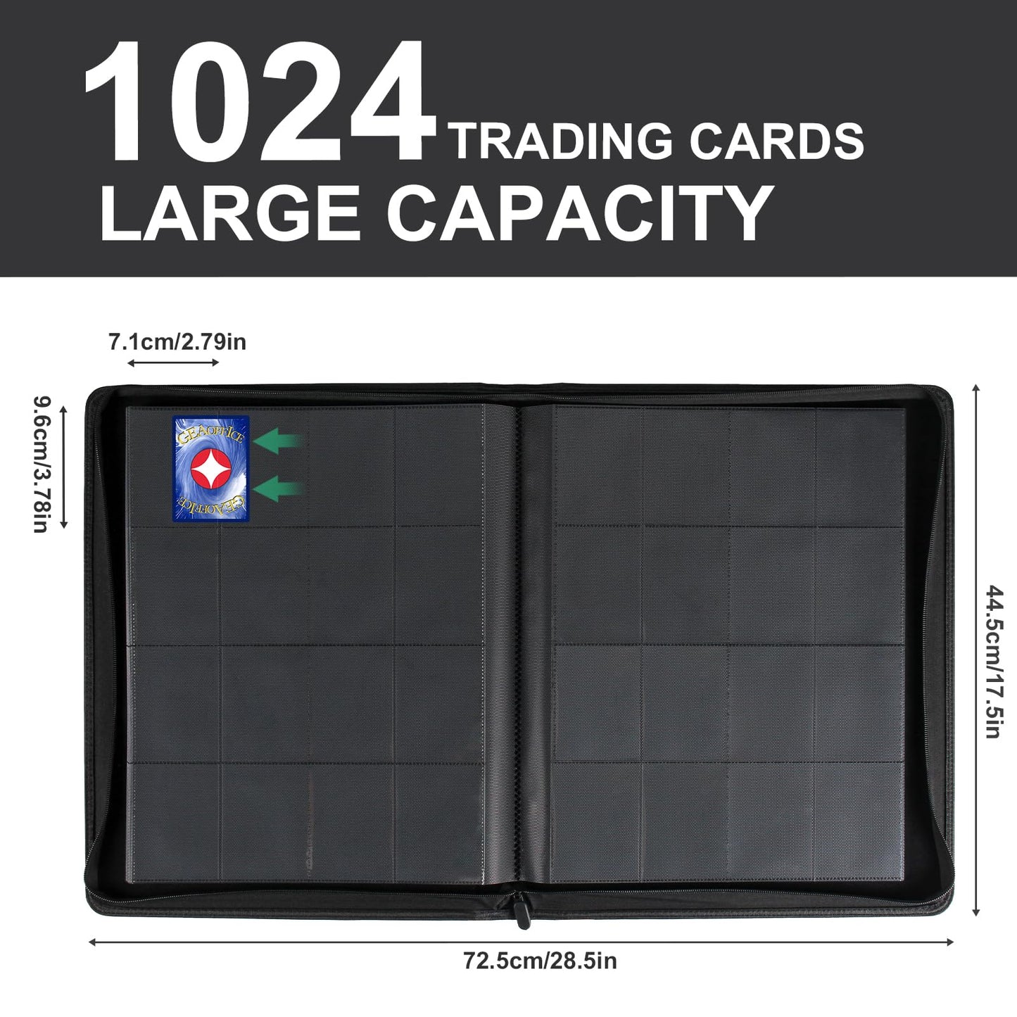 GEAoffice 16-Pocket Trading Card Binder – Holds 1024 Cards, Ringless Side-Loading, PU Leather, Zipper, 4x4 Pages, Carbon Black