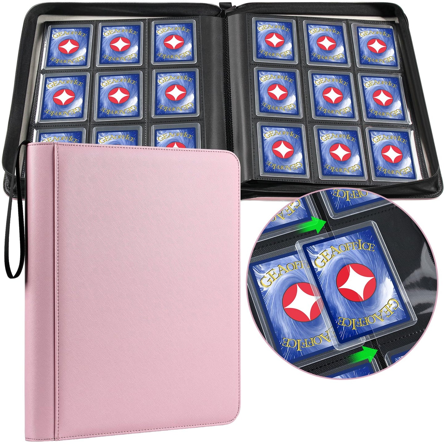 GEAoffice 9-Pocket Top Loader Binder – 324 Card Capacity, Premium PU Leather, Pink