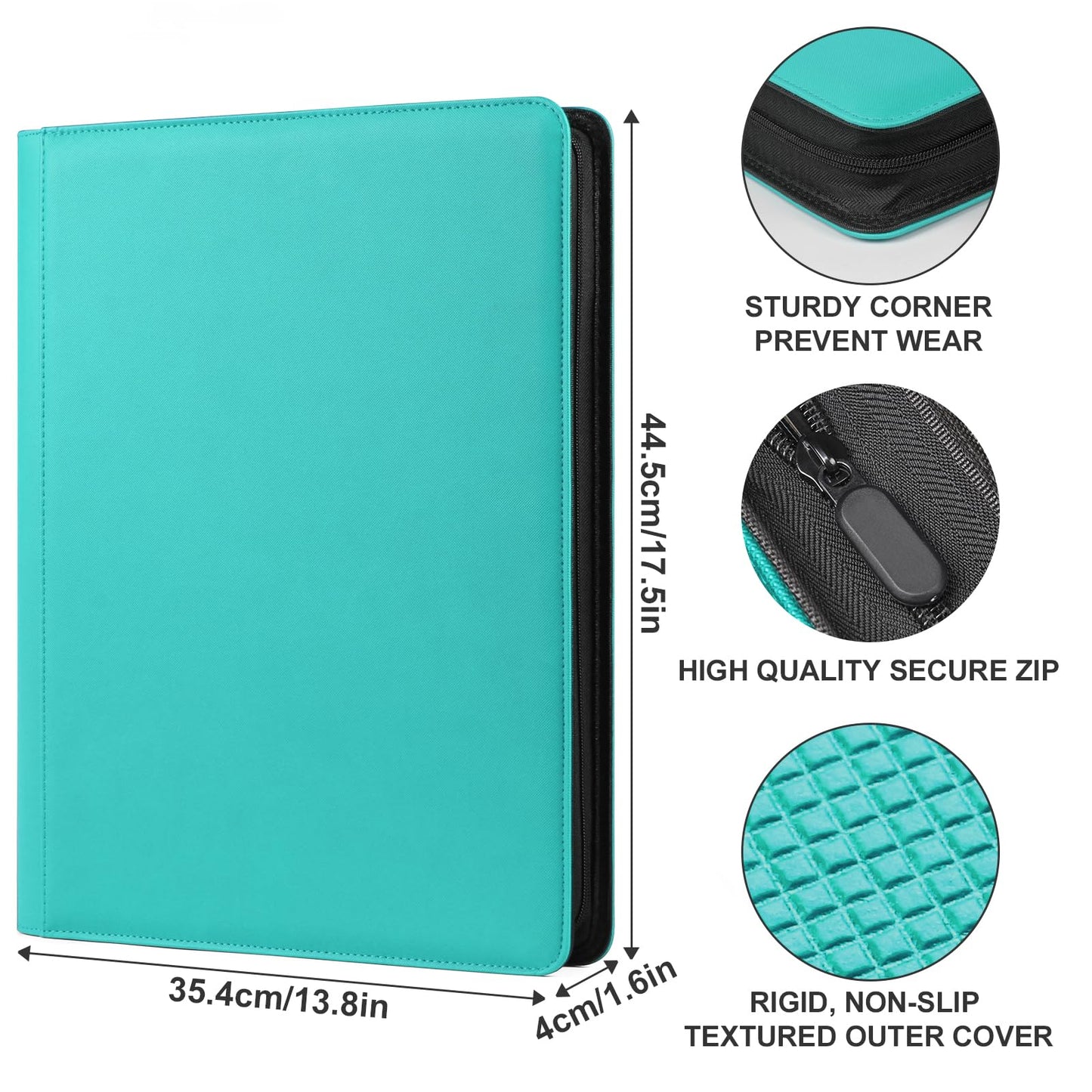 GEAoffice 16-Pocket Trading Card Binder – 1024 Card Capacity, Side-Loading, PU Leather, Turquoise