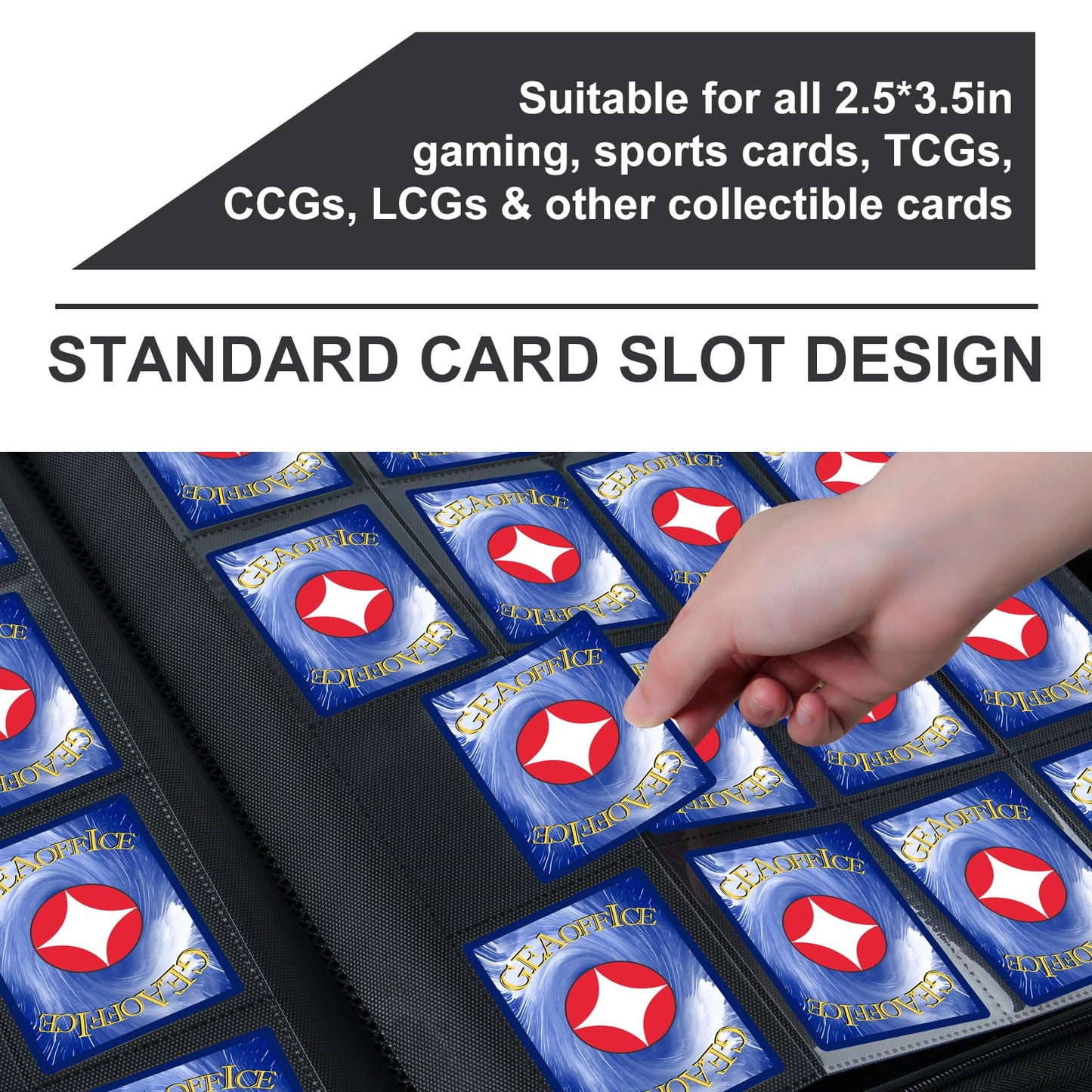 GEAoffice 16-Pocket Trading Card Binder – Holds 1024 Cards, Ringless Side-Loading, PU Leather, Zipper, 4x4 Pages, Carbon Black