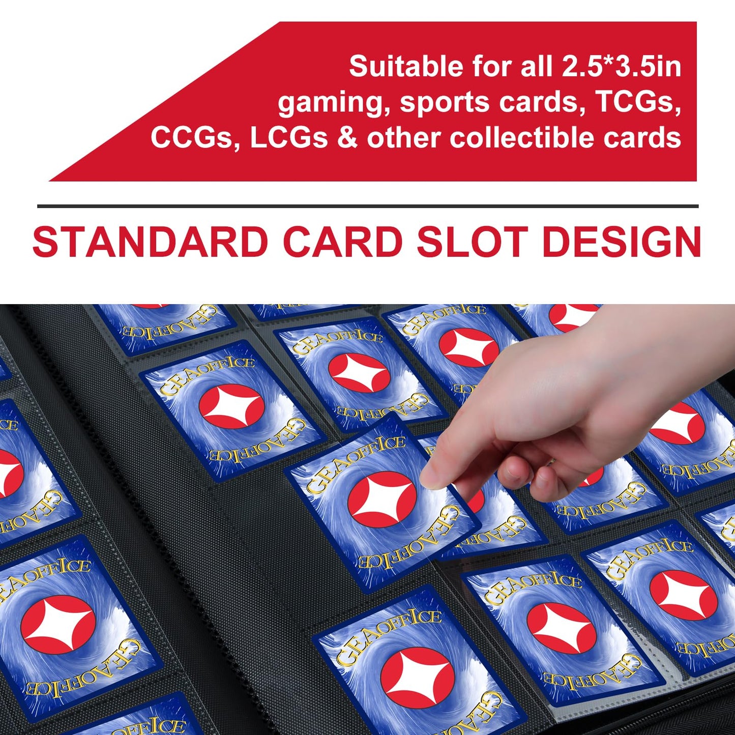 GEAoffice 16-Pocket Card Binder | Holds 1024 Cards, Red PU Leather, Side-Loading with Zipper