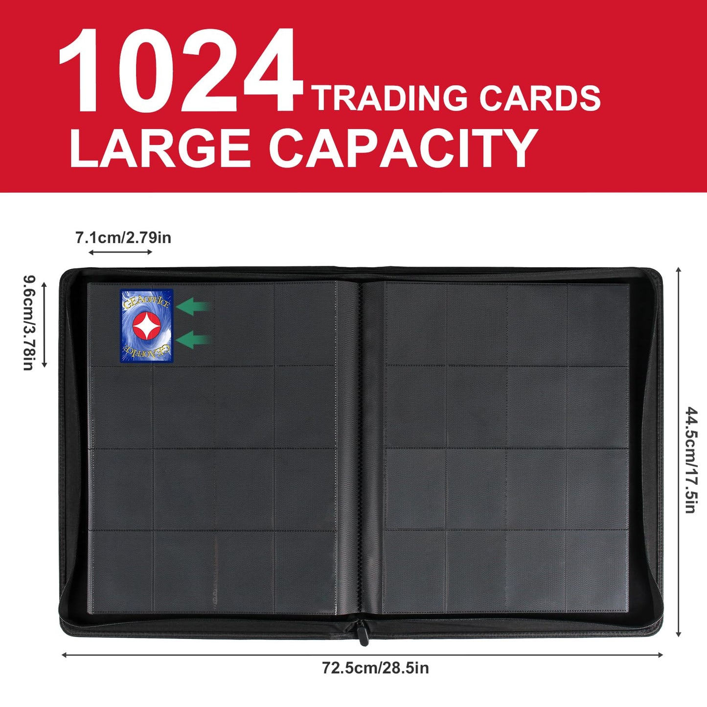 GEAoffice 16-Pocket Card Binder | Holds 1024 Cards, Red PU Leather, Side-Loading with Zipper
